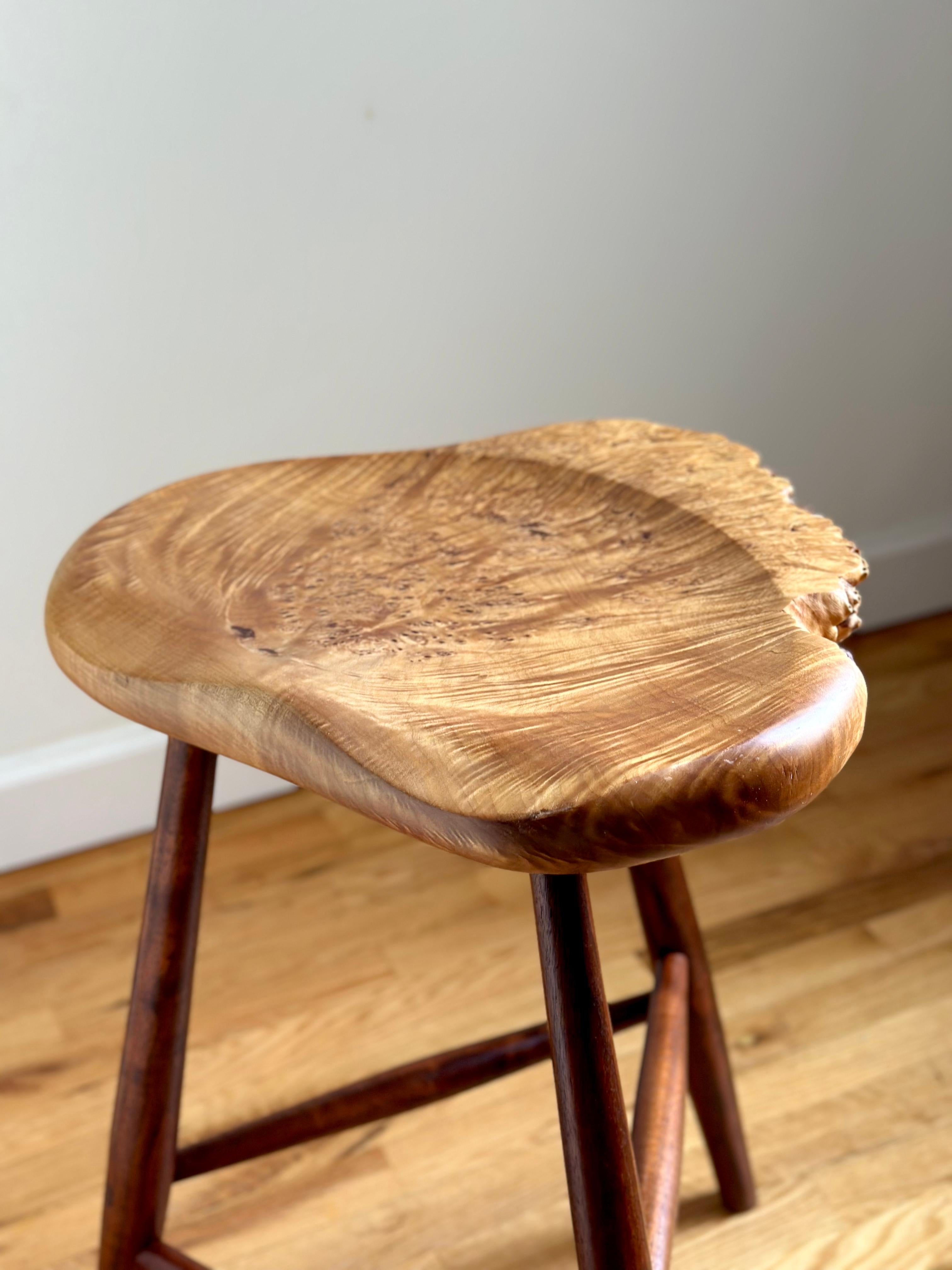 American Studio Live Edge Stool in Walnut and Maple Burl by Michael Elkan For Sale 4