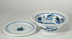 American Studio Pottery Berry Colander & Underplate, Blue & White