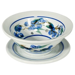 American Studio Pottery Berry Colander & Underplate, Blue & White