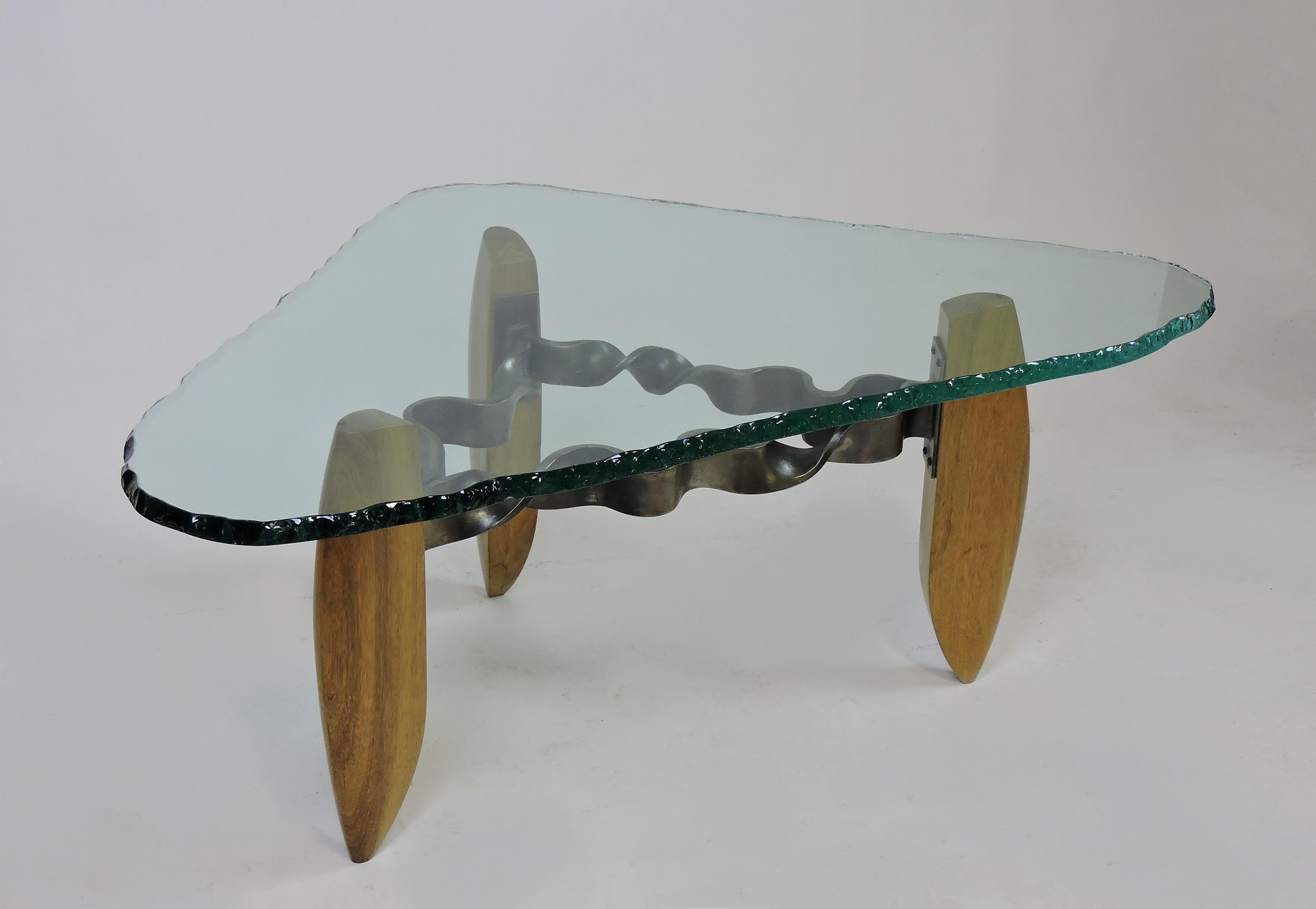 American Craftsman Table basse moderniste en métal, bois et verre de style American Studio Silas Seandel en vente