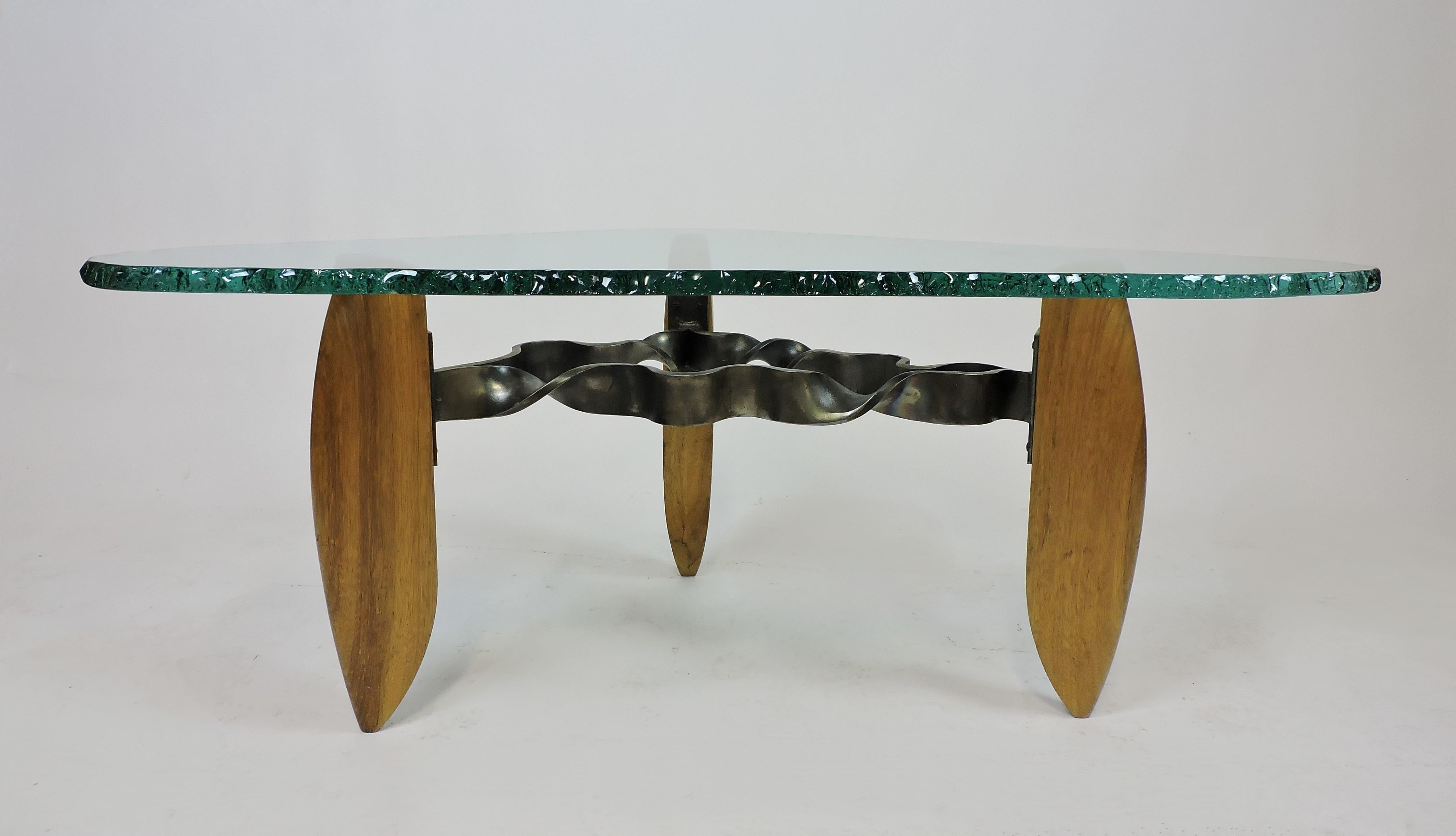 Late 20th Century American Studio Silas Seandel Style Modernist Metal, Wood and Glass Coffee Table For Sale
