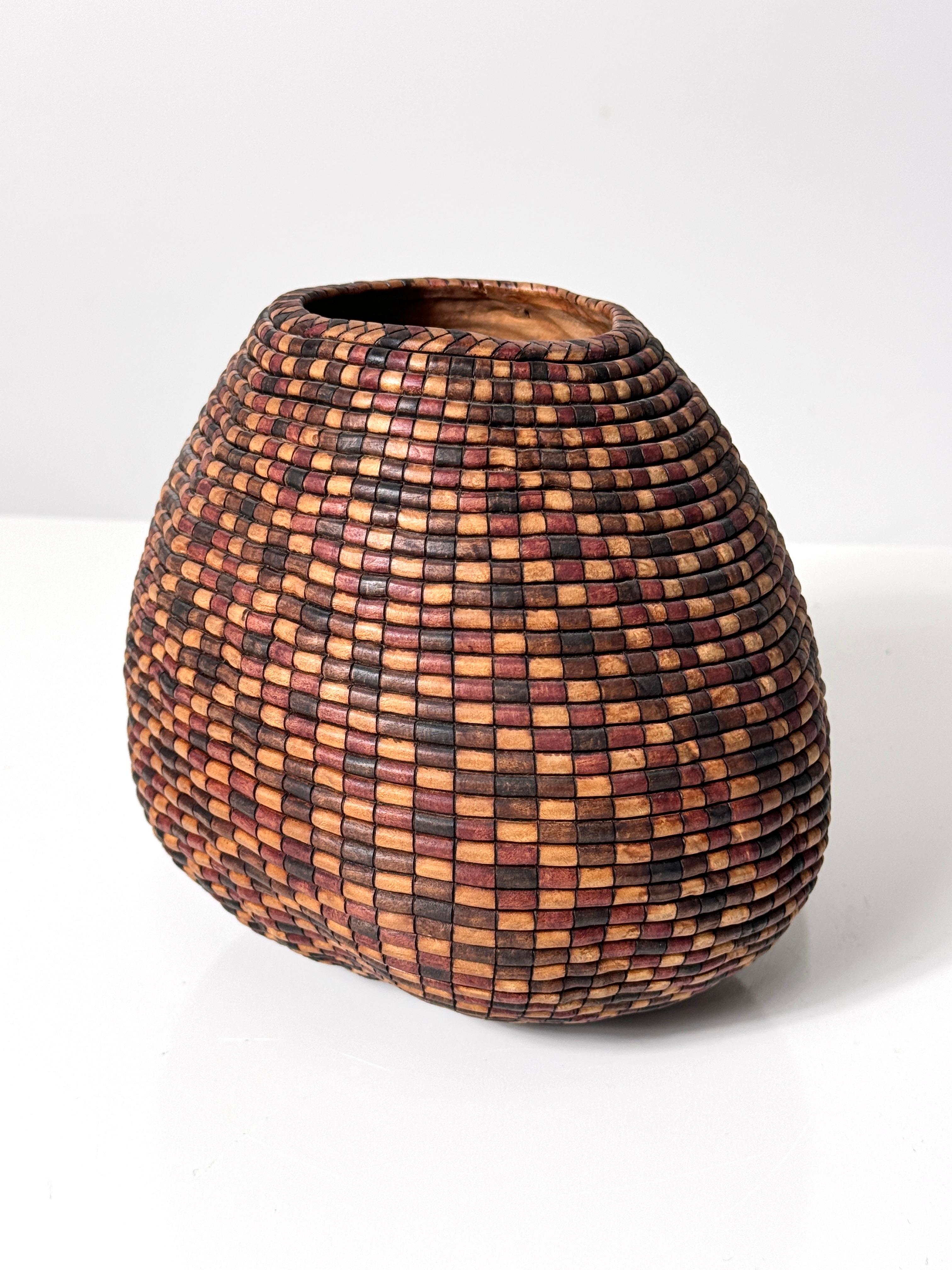 North American American Studio Turned Wood Basket Illusion Vessel Bowl by David Nittmann 1990s