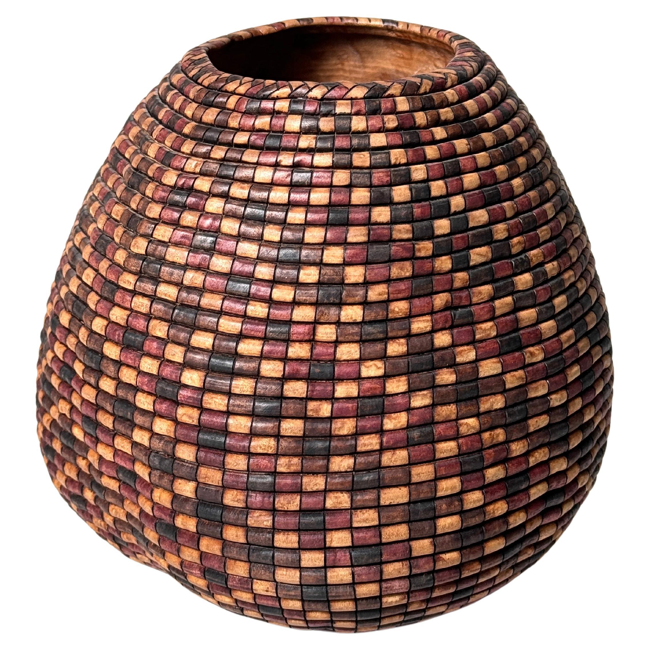 American Studio Turned Wood Basket Illusion Vessel Bowl by David Nittmann 1990s For Sale