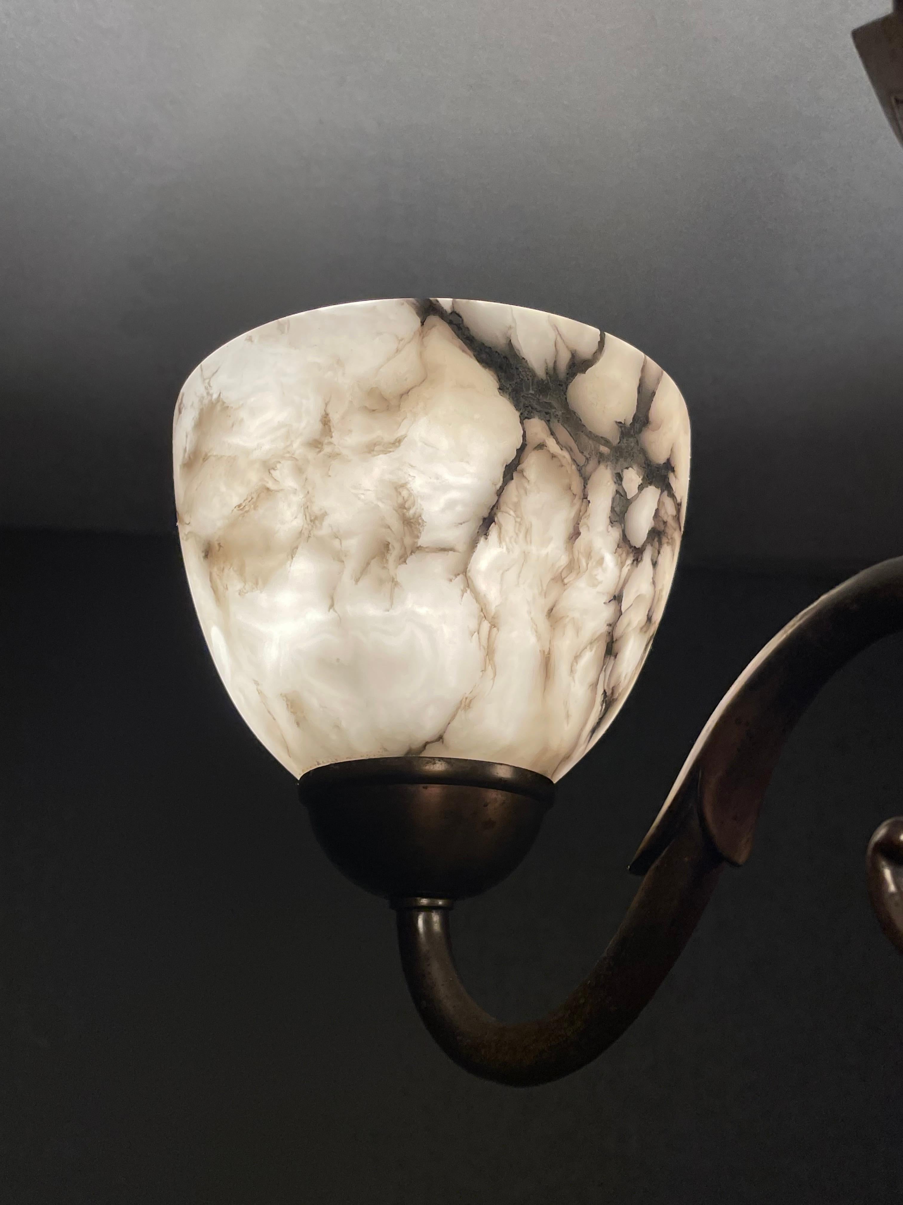 American Style Art Deco Brass & Mint Alabaster Shades Chandelier / Pendant Light 2