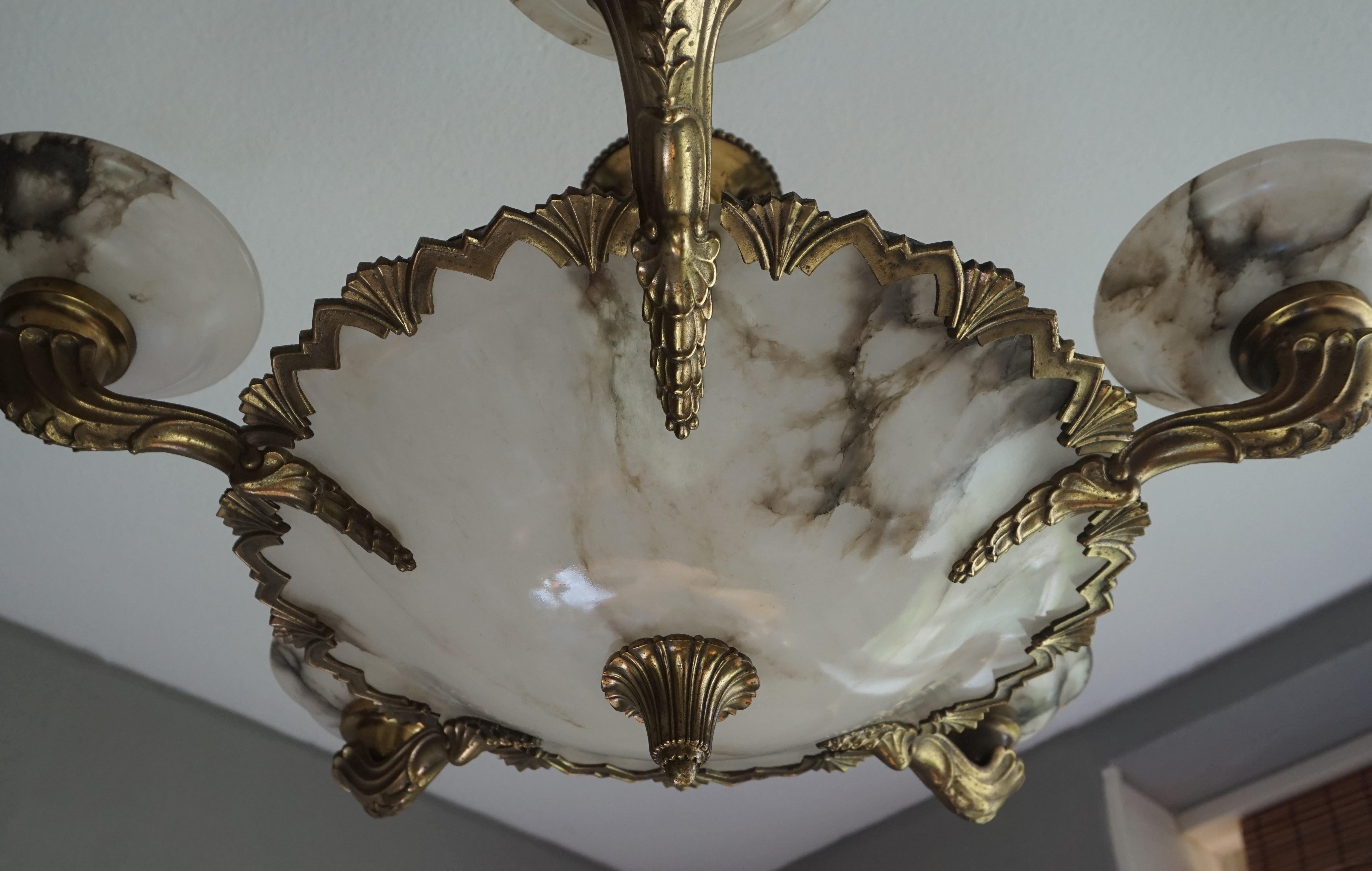 French American Style Art Deco Bronze, Alabaster and Brass Chandelier / Pendant Light
