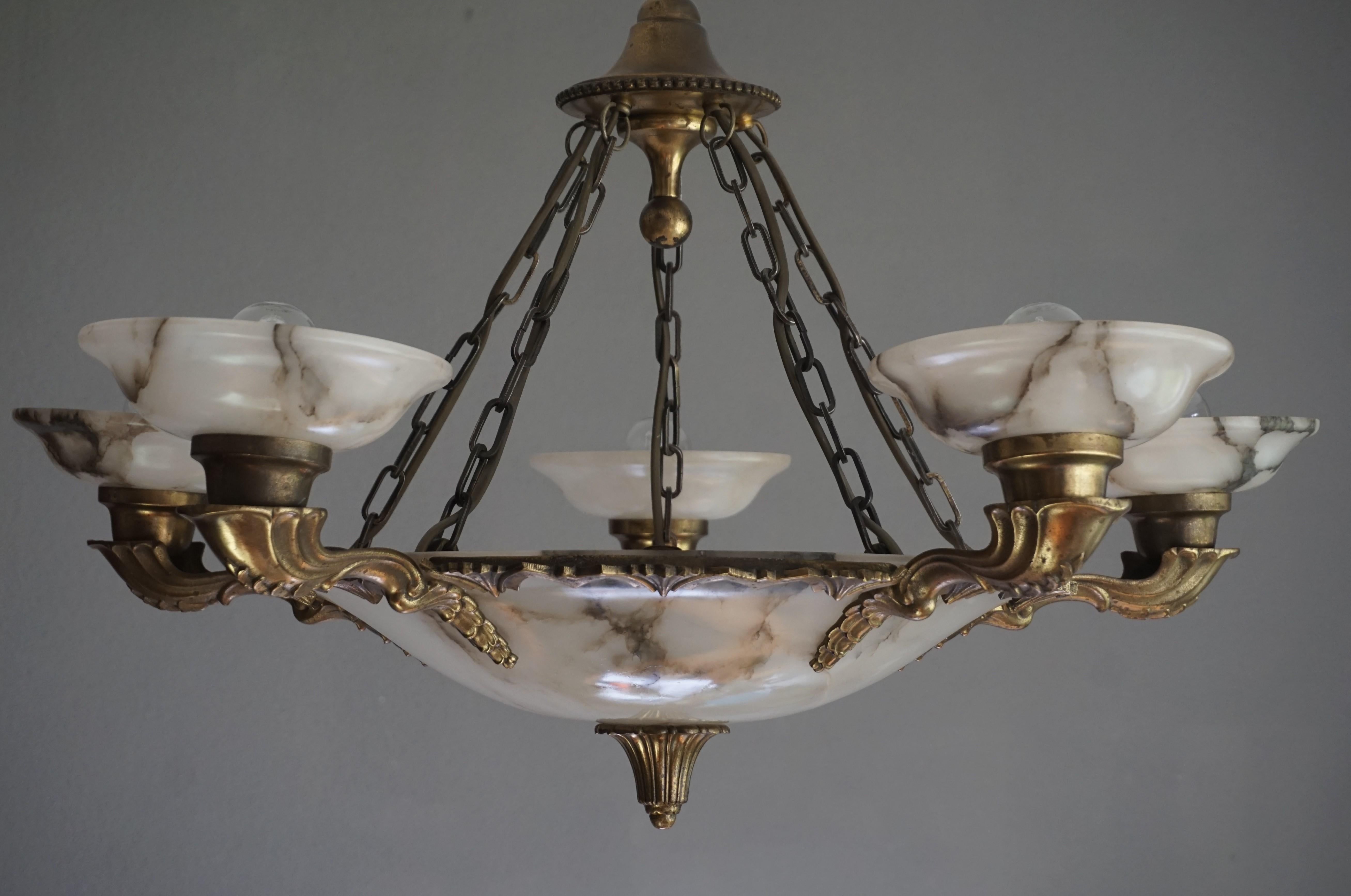 Hand-Carved American Style Art Deco Bronze, Alabaster and Brass Chandelier / Pendant Light