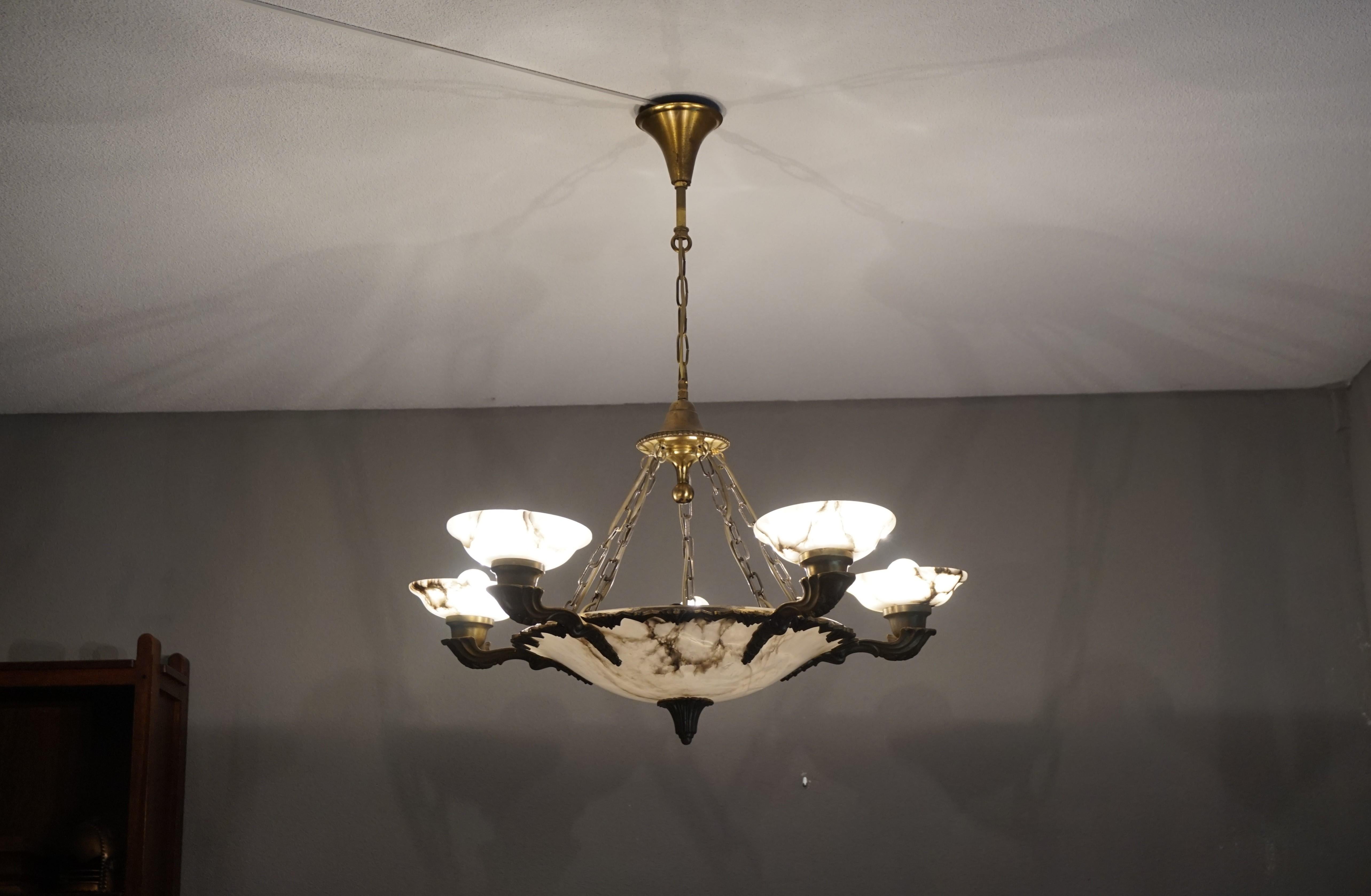 American Style Art Deco Bronze, Alabaster and Brass Chandelier / Pendant Light In Good Condition In Lisse, NL