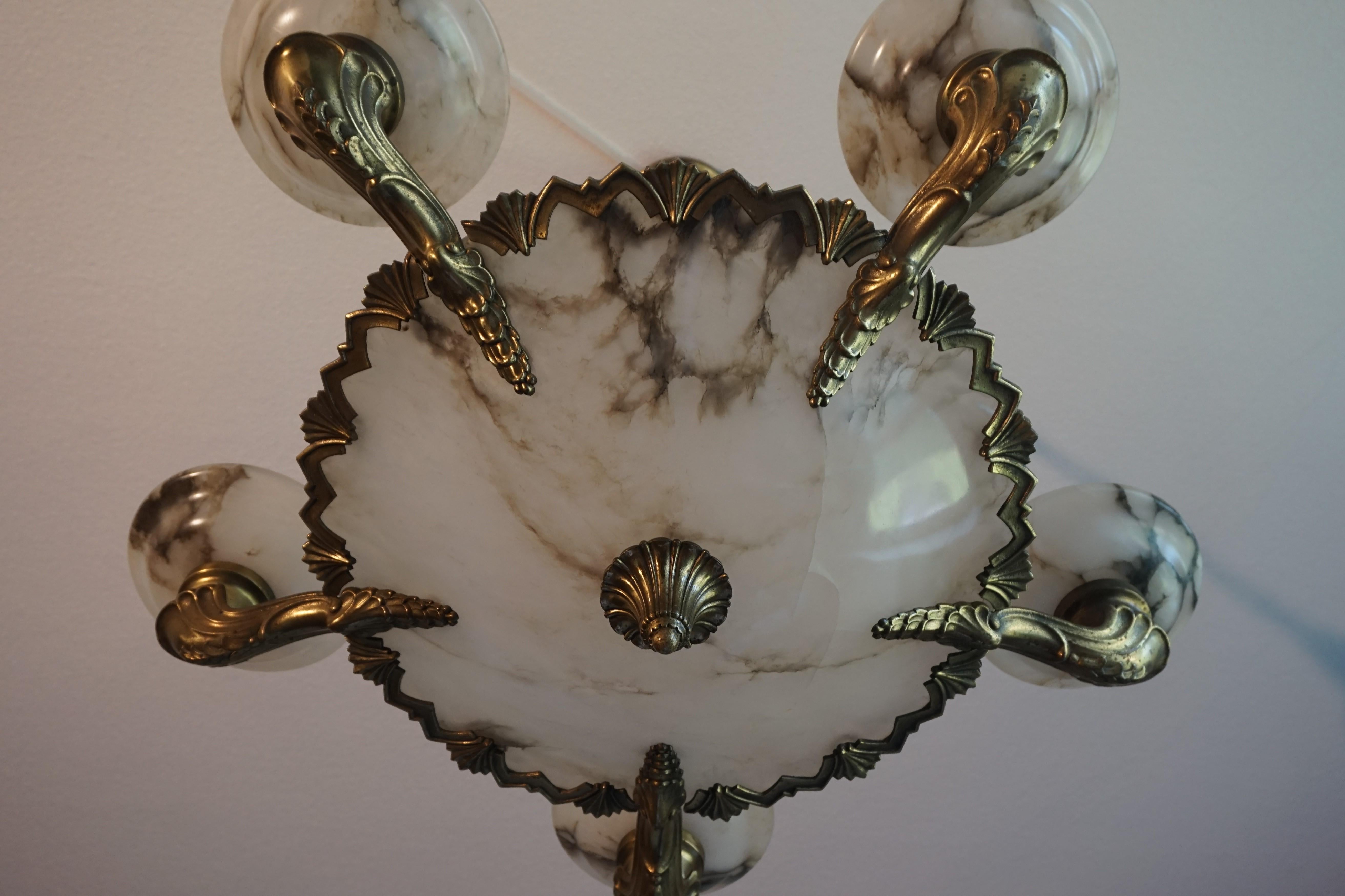 20th Century American Style Art Deco Bronze, Alabaster and Brass Chandelier / Pendant Light