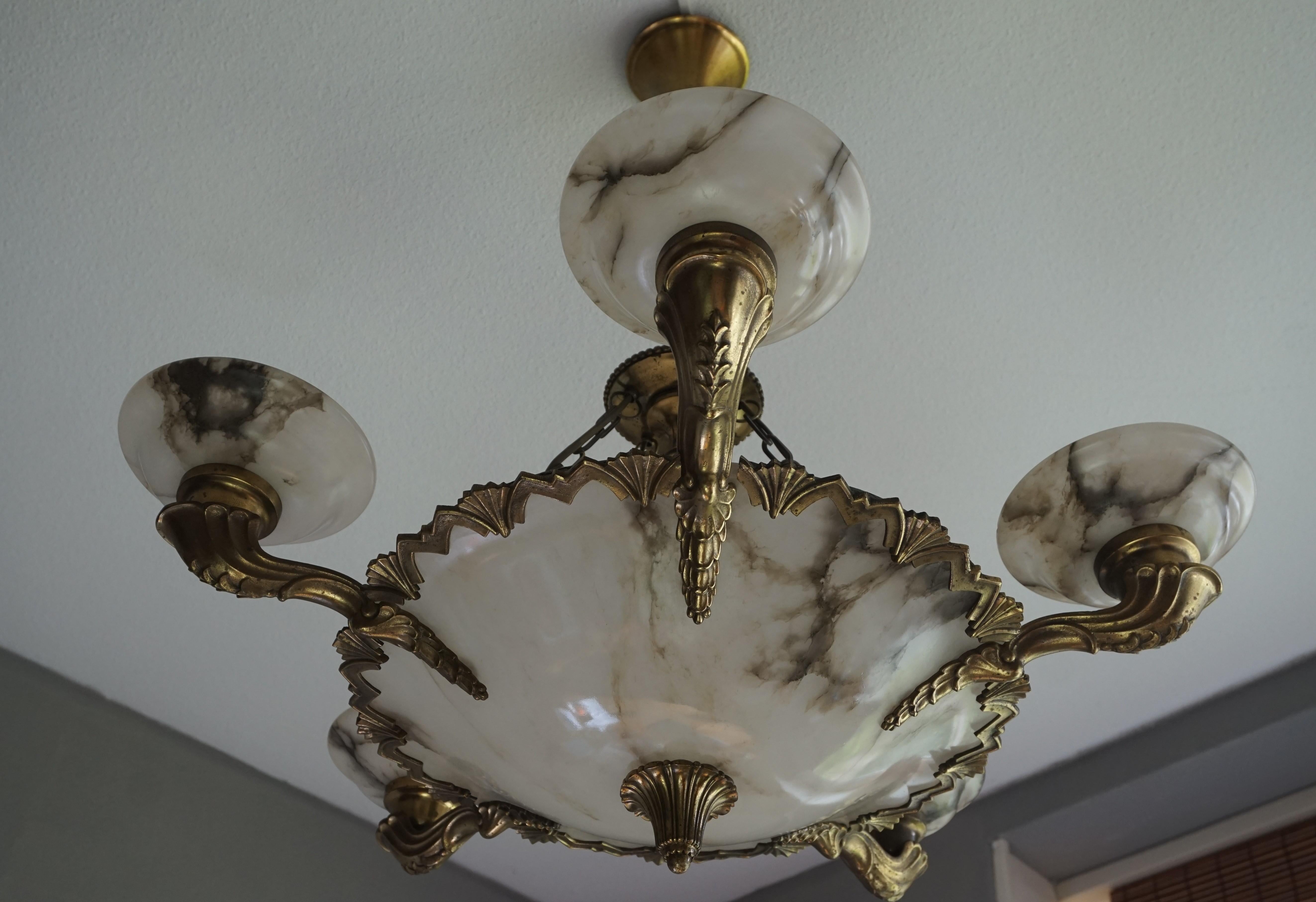 American Style Art Deco Bronze, Alabaster and Brass Chandelier / Pendant Light 3