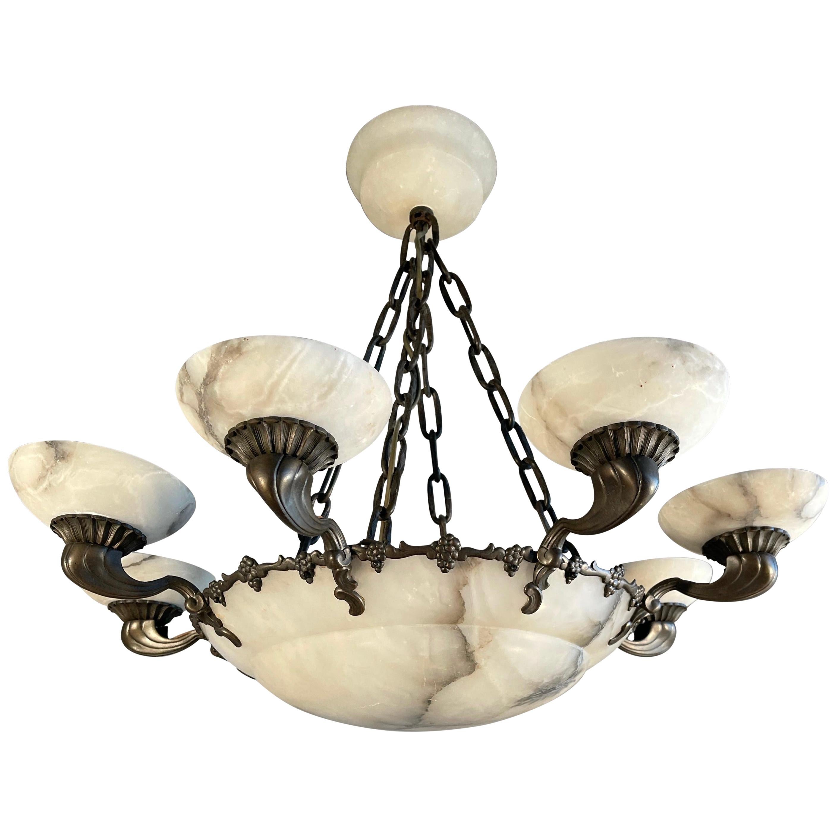 American Style Art Deco Bronze and Alabaster Shades Chandelier or Pendant Light