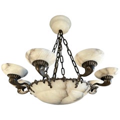 Antique American Style Art Deco Bronze and Alabaster Shades Chandelier or Pendant Light