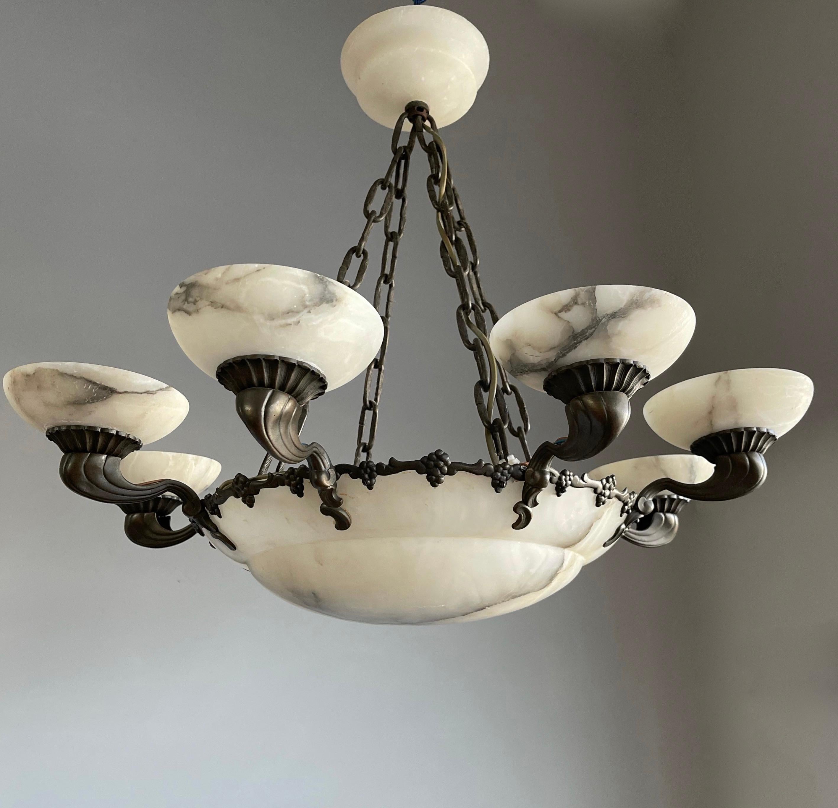 American Style Art Deco Bronze and Alabaster Shades Chandelier or Pendant Light For Sale 2