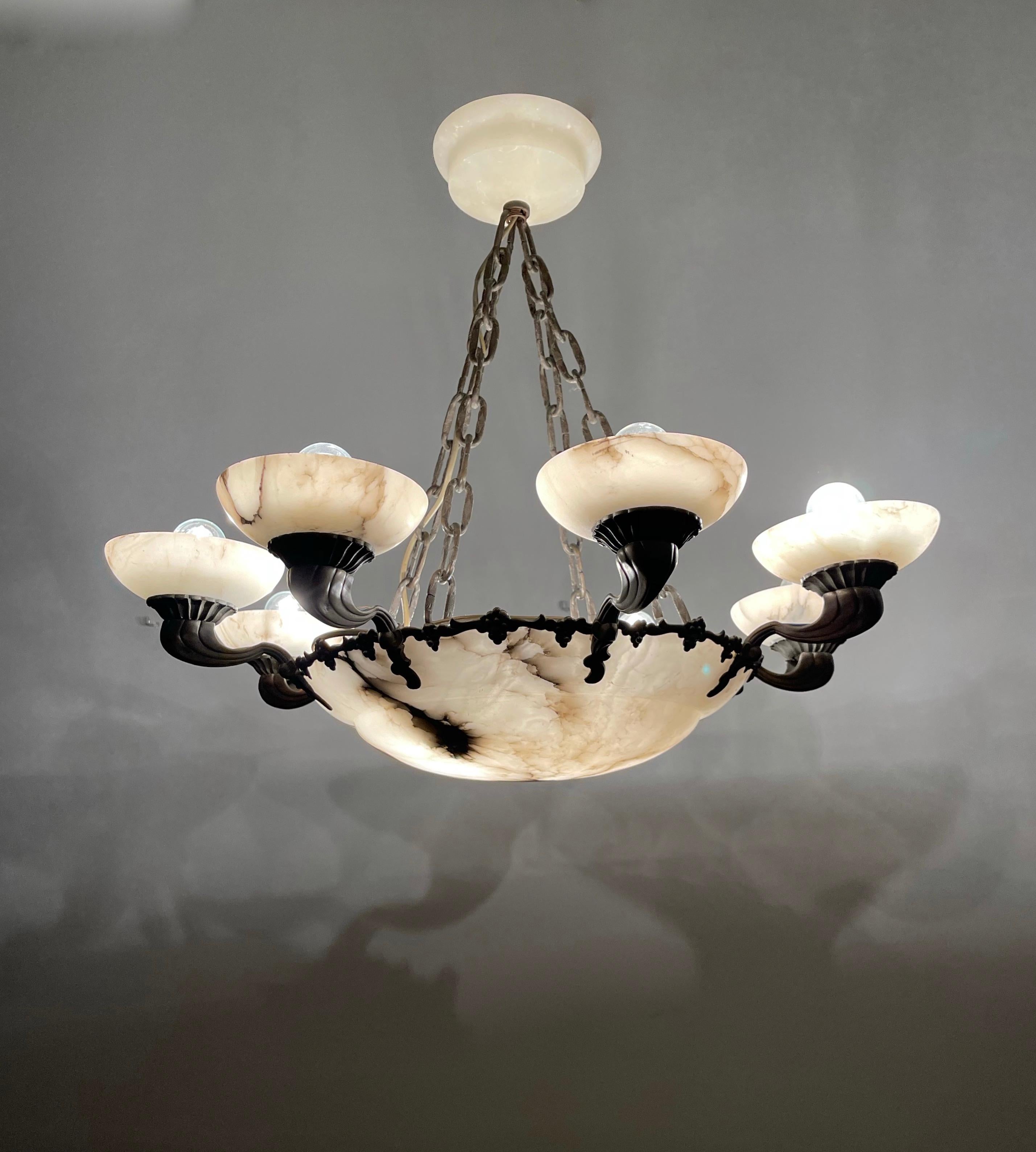 American Style Art Deco Bronze and Alabaster Shades Chandelier or Pendant Light For Sale 3