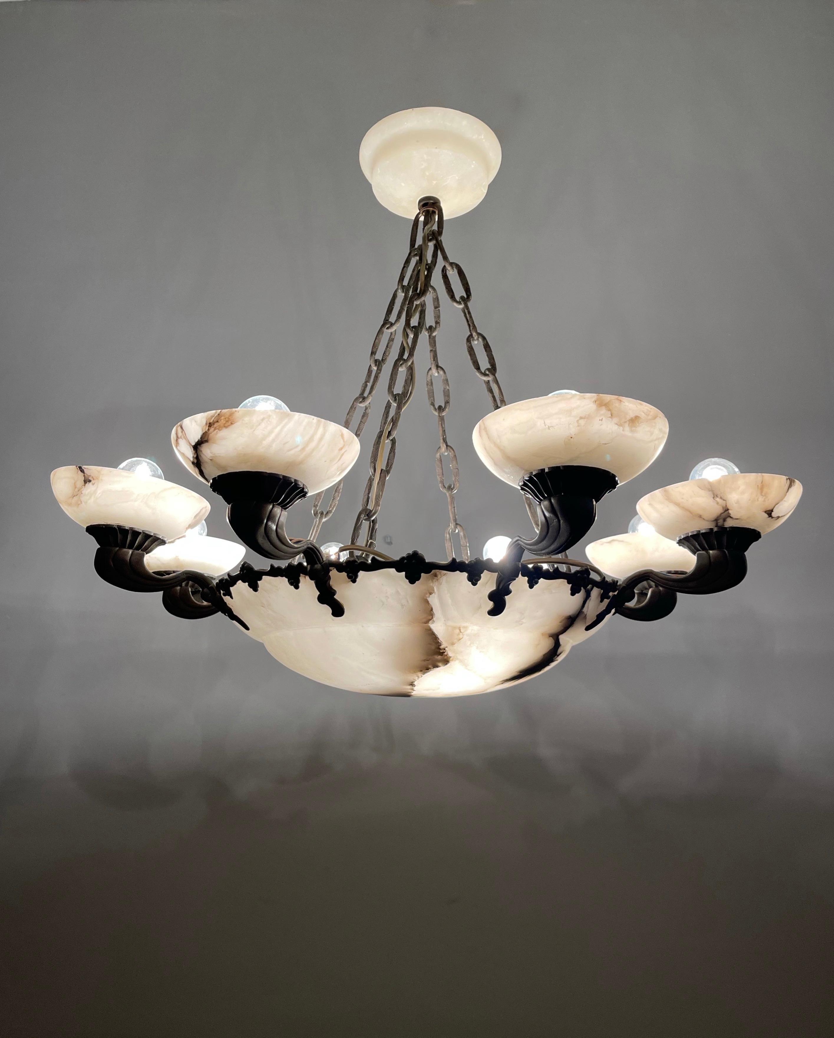American Style Art Deco Bronze and Alabaster Shades Chandelier or Pendant Light For Sale 5