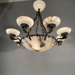 American Style Art Deco Bronze and Alabaster Shades Chandelier or Pendant Light