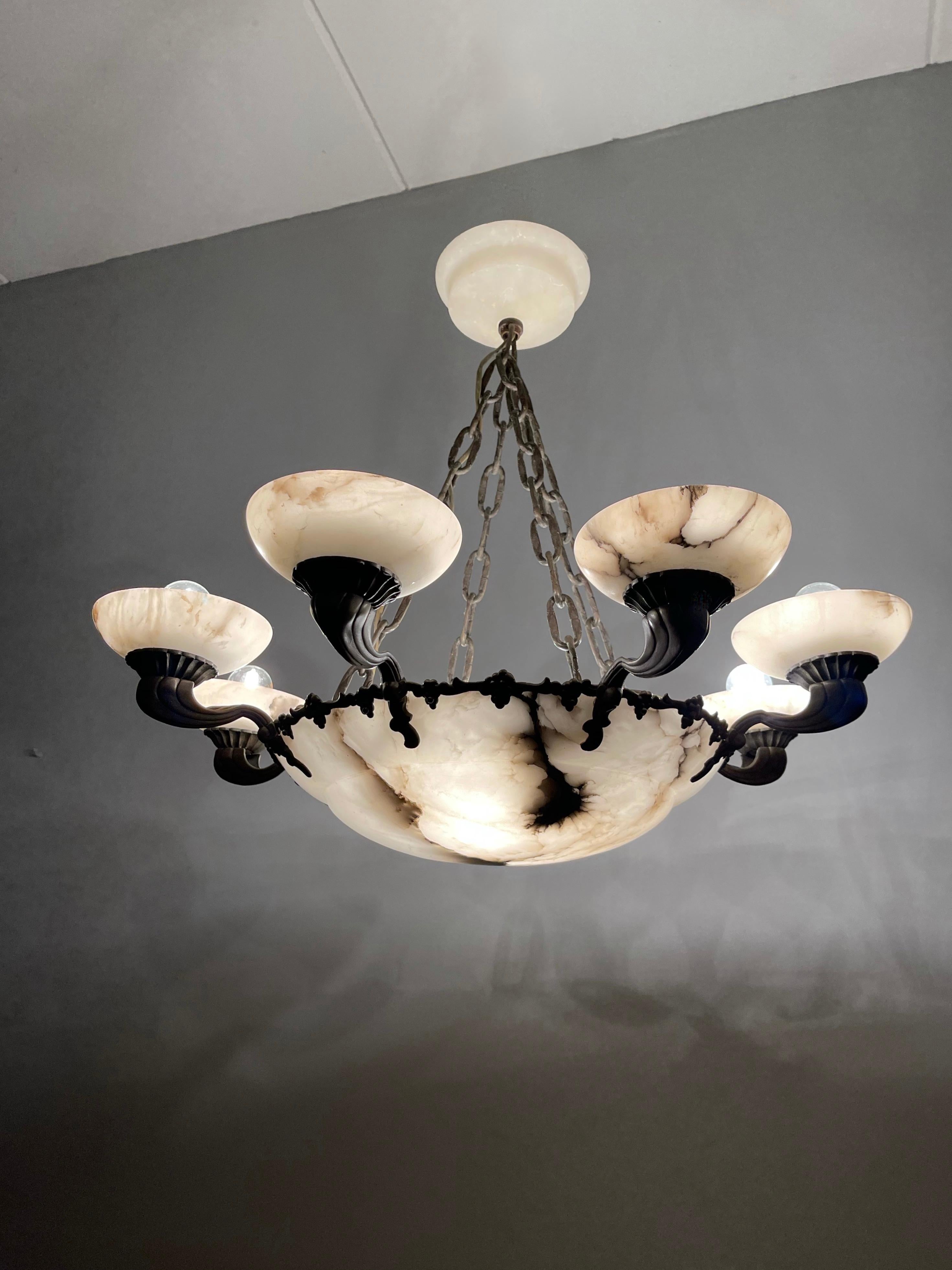 French American Style Art Deco Bronze and Alabaster Shades Chandelier or Pendant Light For Sale