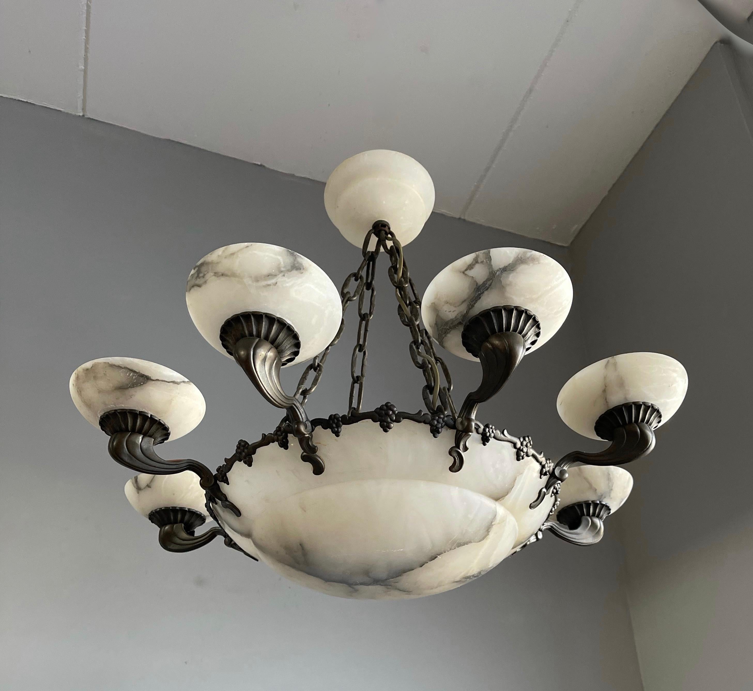 Hand-Carved American Style Art Deco Bronze and Alabaster Shades Chandelier or Pendant Light For Sale