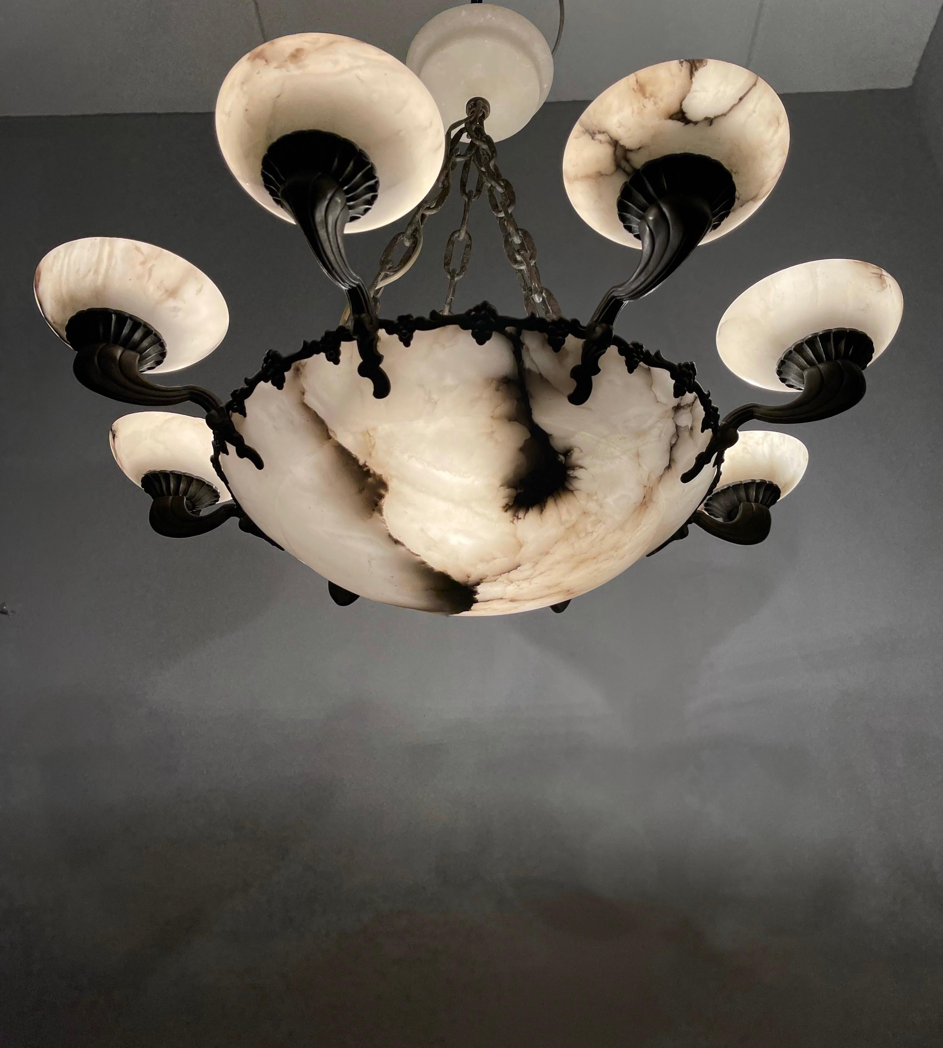 American Style Art Deco Bronze and Alabaster Shades Chandelier or Pendant Light In Excellent Condition For Sale In Lisse, NL
