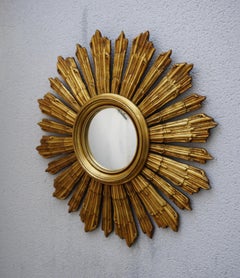 American Sunburst Gilt Carved Wood Bullseye Convex Wall Mirror, C. 1950s