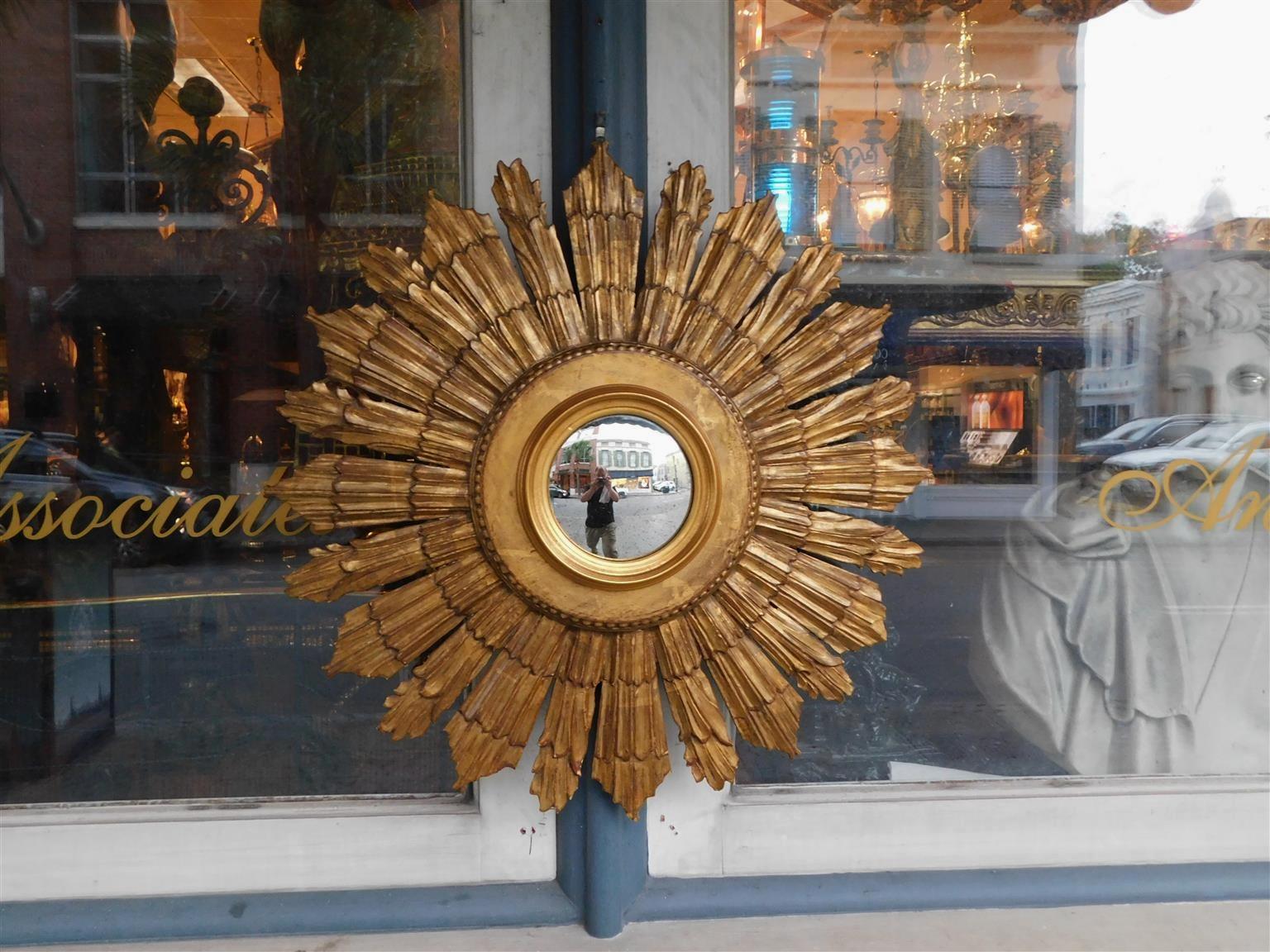 American Empire American Sunburst Gilt Carved Wood & Gesso Bullseye Beaded Wall Mirror, C. 1880 For Sale