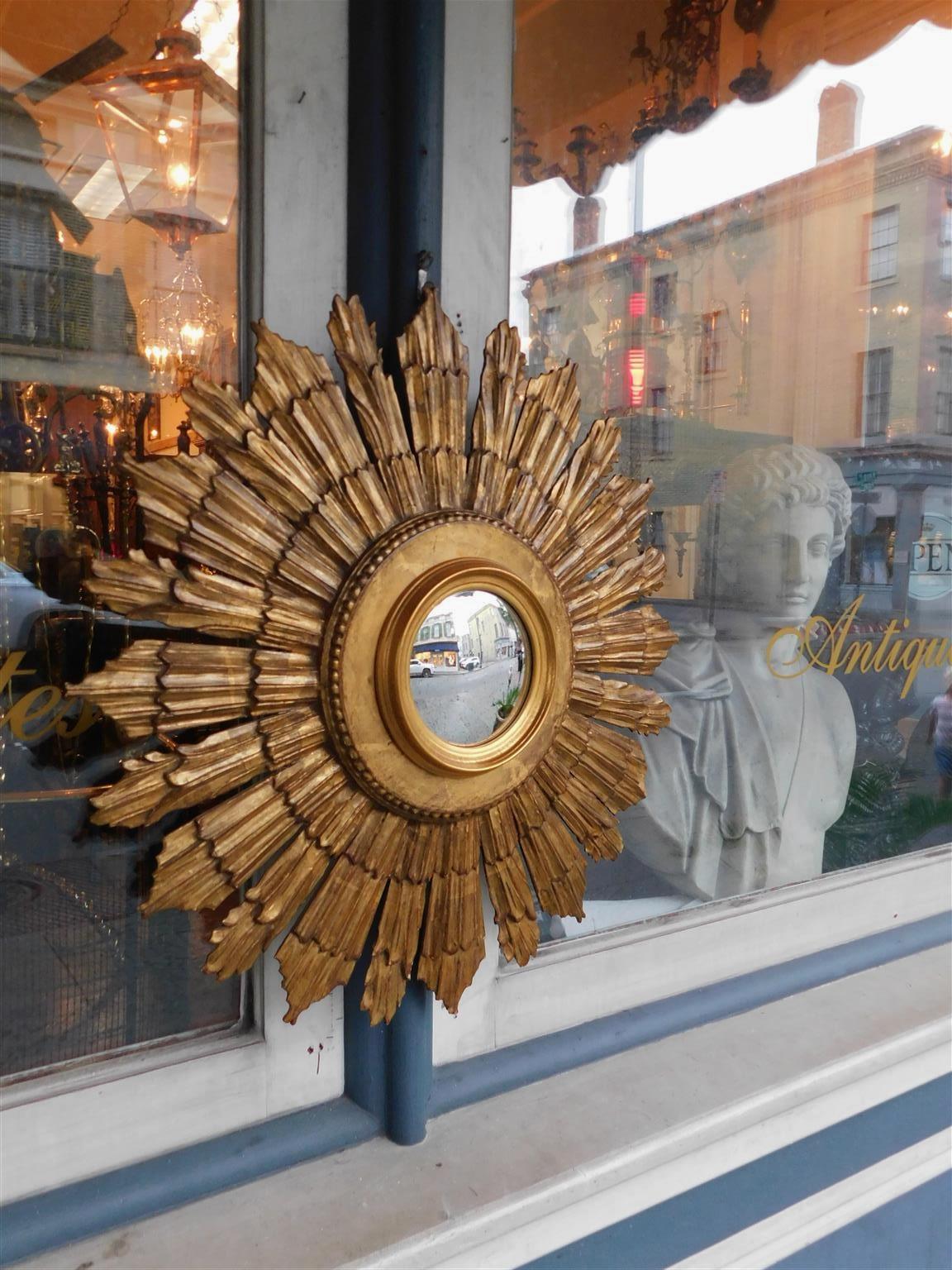 Hand-Carved American Sunburst Gilt Carved Wood & Gesso Bullseye Beaded Wall Mirror, C. 1880 For Sale