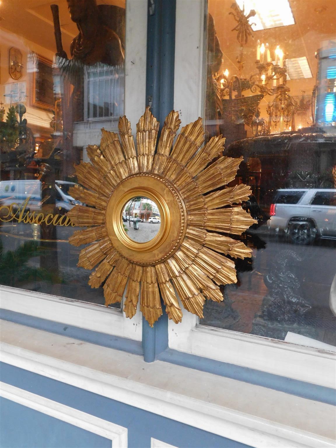 American Sunburst Gilt Carved Wood & Gesso Bullseye Beaded Wall Mirror, C. 1880 In Excellent Condition For Sale In Hollywood, SC