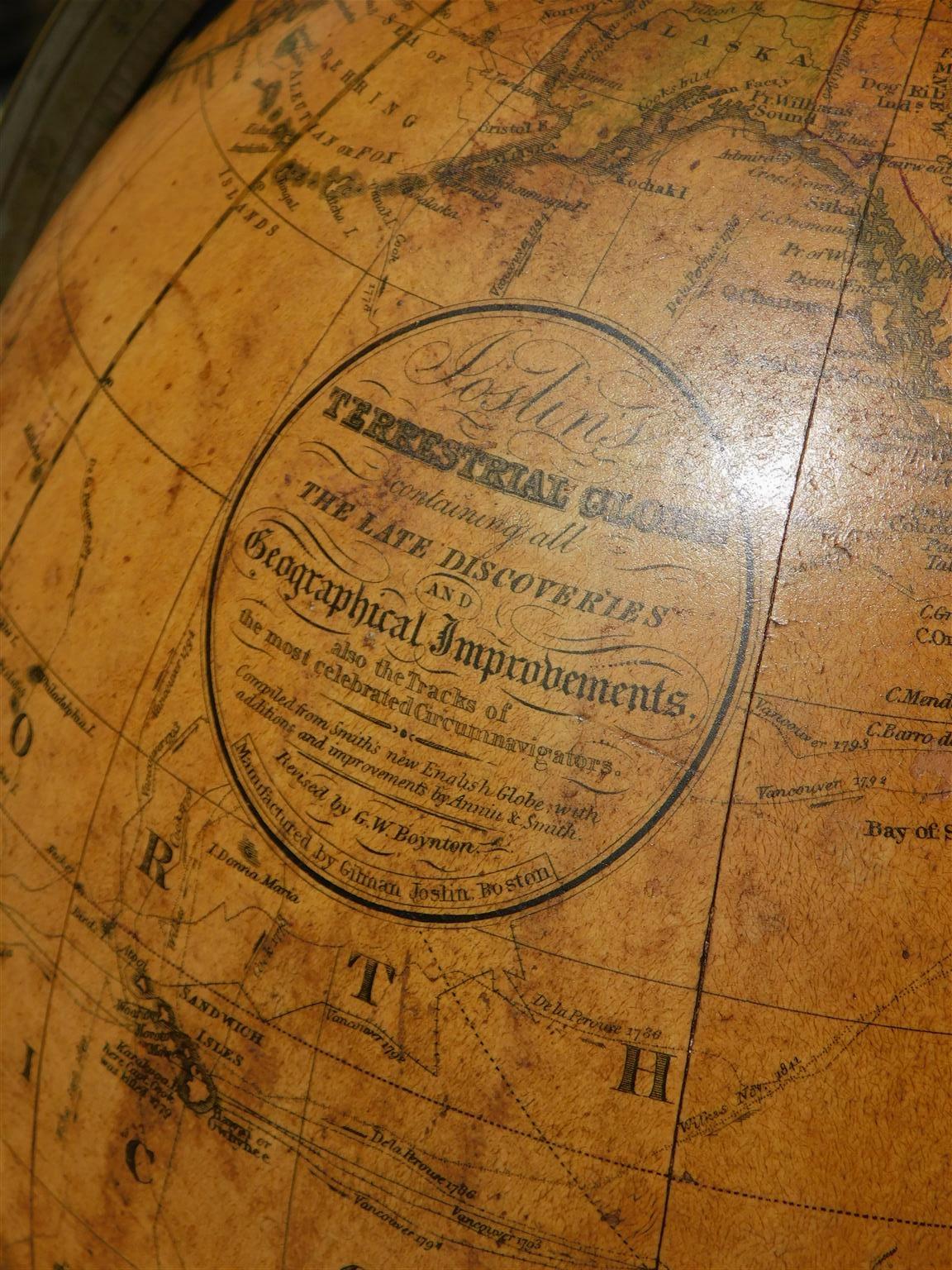 Laiton Globe terrestre américain sur pied tripode doré, Gilman Joslin, Boston, vers 1850 en vente