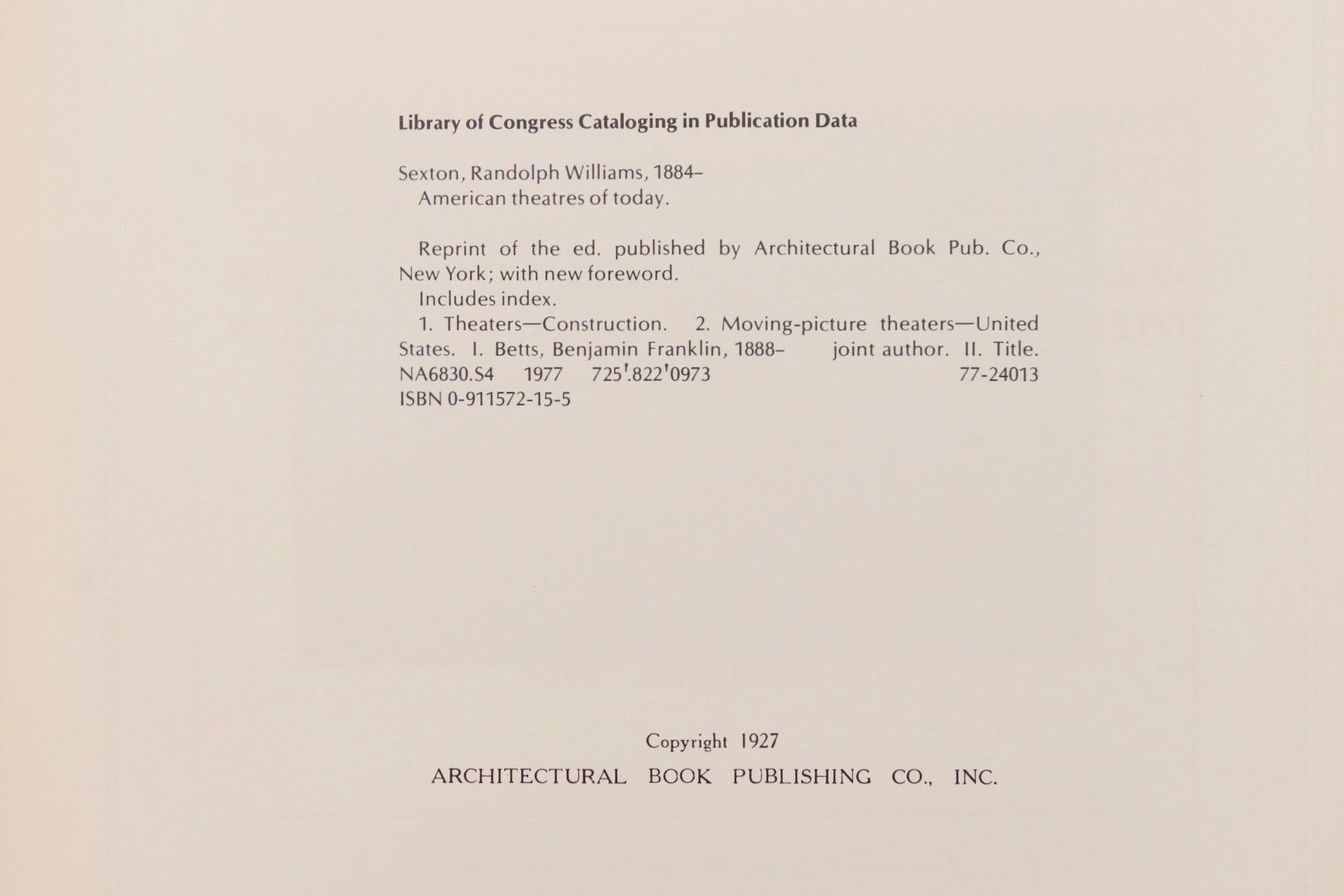 American Theatres of Today, volumes 1 and 2. Published and printed in the United States of America in 1977 by The Vestal Press of Vestal, New York. Hardcover, illustrated, 167 pages.