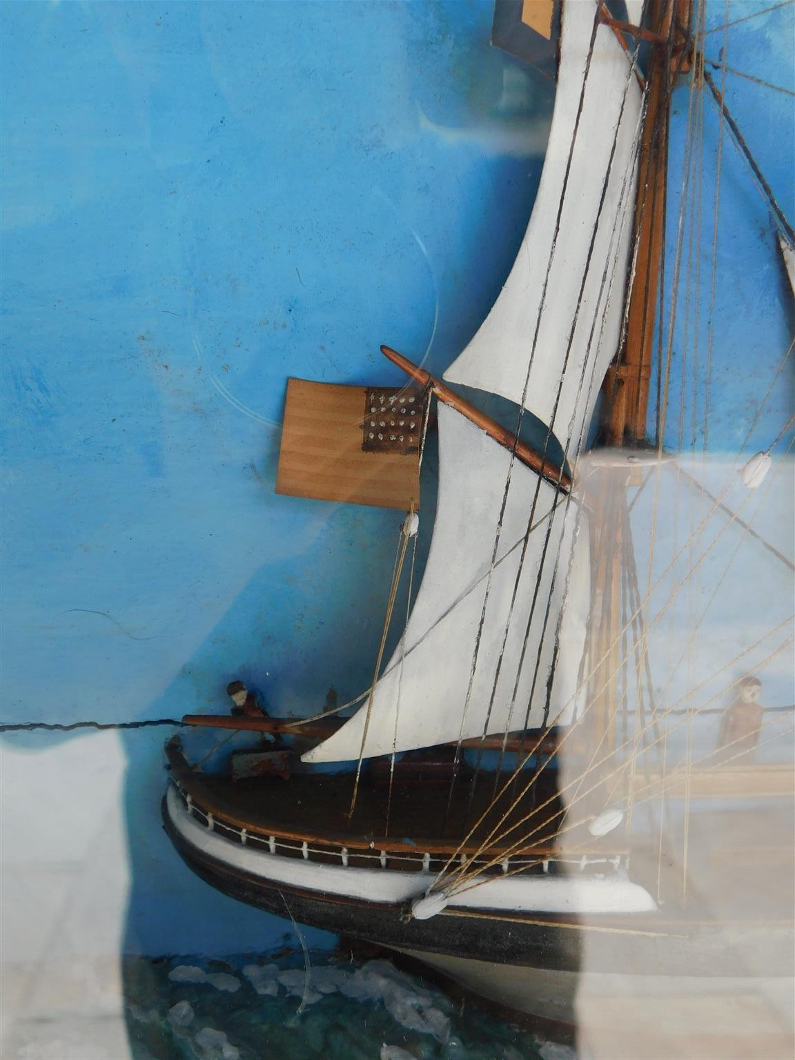 Glass American Three Masted Clipper Ship Diorama in Shadow Box Frame, Circa 1850 For Sale