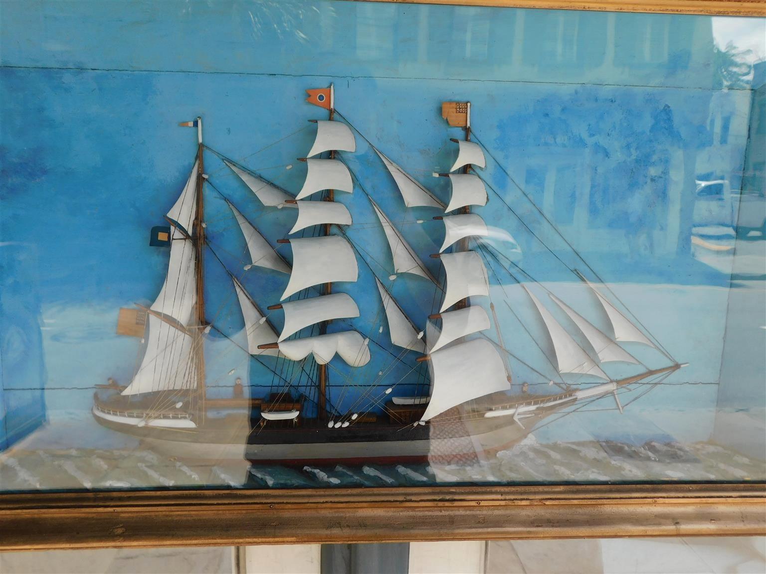 Amerikanisches dreibeiniges Diorama-Clipper-Schiff in Schattenbox-Rahmen, um 1850 (Handgefertigt) im Angebot