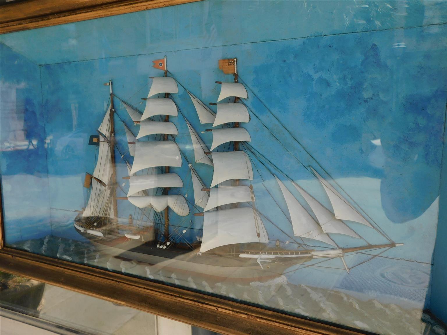 Hand-Carved American Three Masted Clipper Ship Diorama in Shadow Box Frame, Circa 1850 For Sale