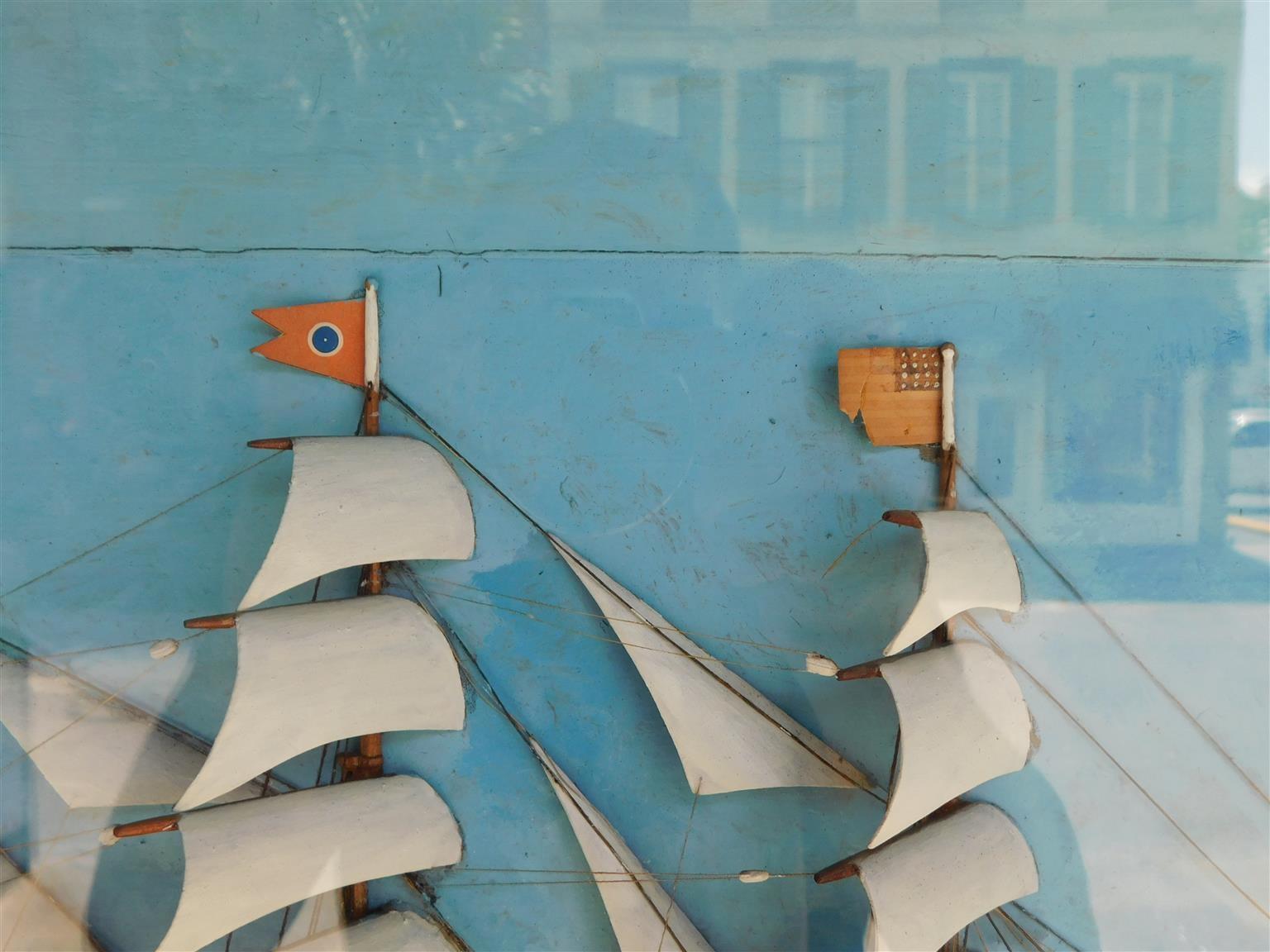 Diorama américain à trois mâts dans un cadre d'ombre, vers 1850 en vente 1