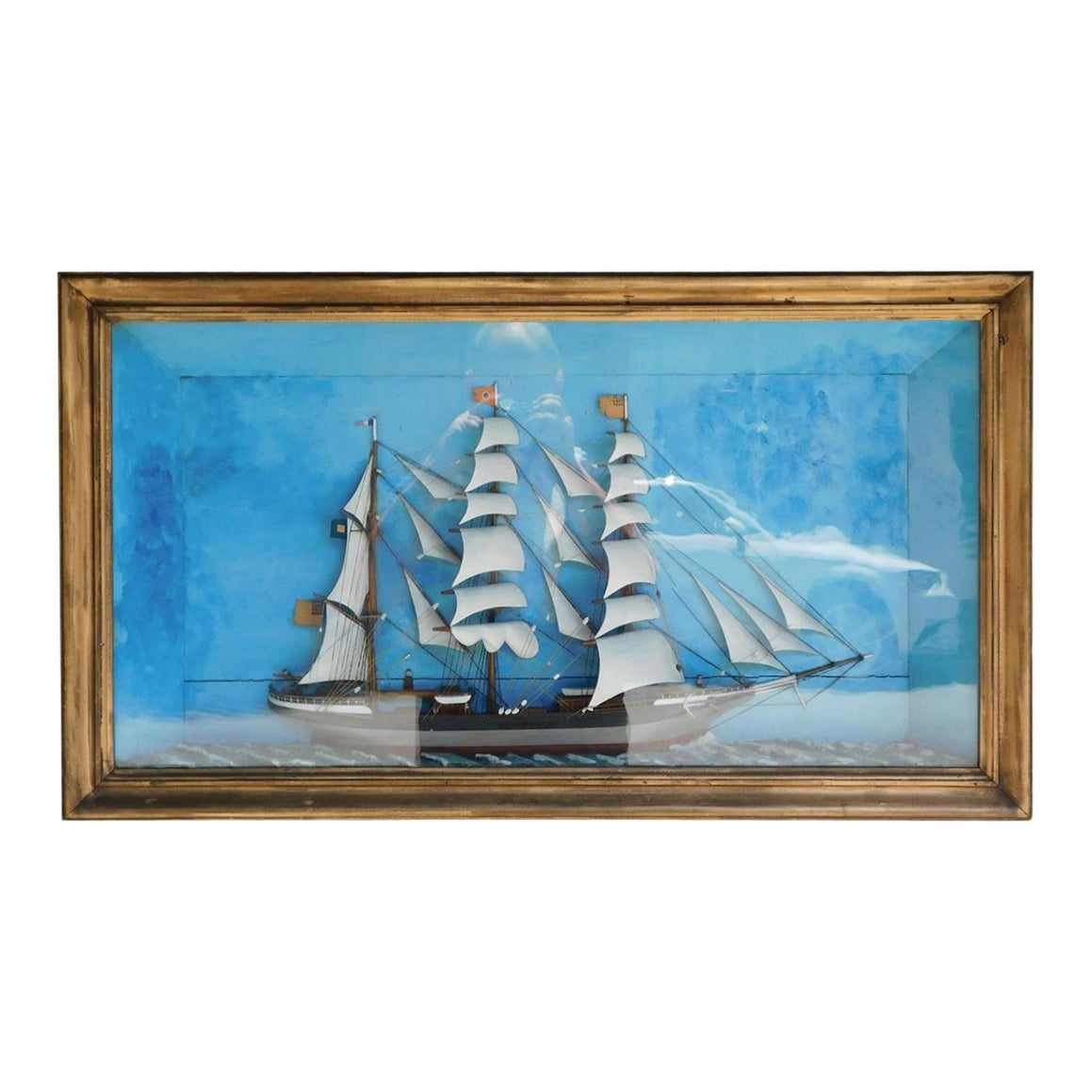 American Three Masted Clipper Ship Diorama in Shadow Box Frame, Circa 1850