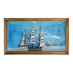 American Three Masted Clipper Ship Diorama in Shadow Box Frame, Circa 1850