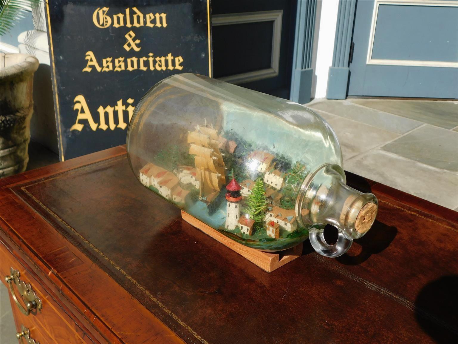 Folk Art American Three Masted Clipper Ship in Bottle on Original Wood Stand, Circa 1880 For Sale