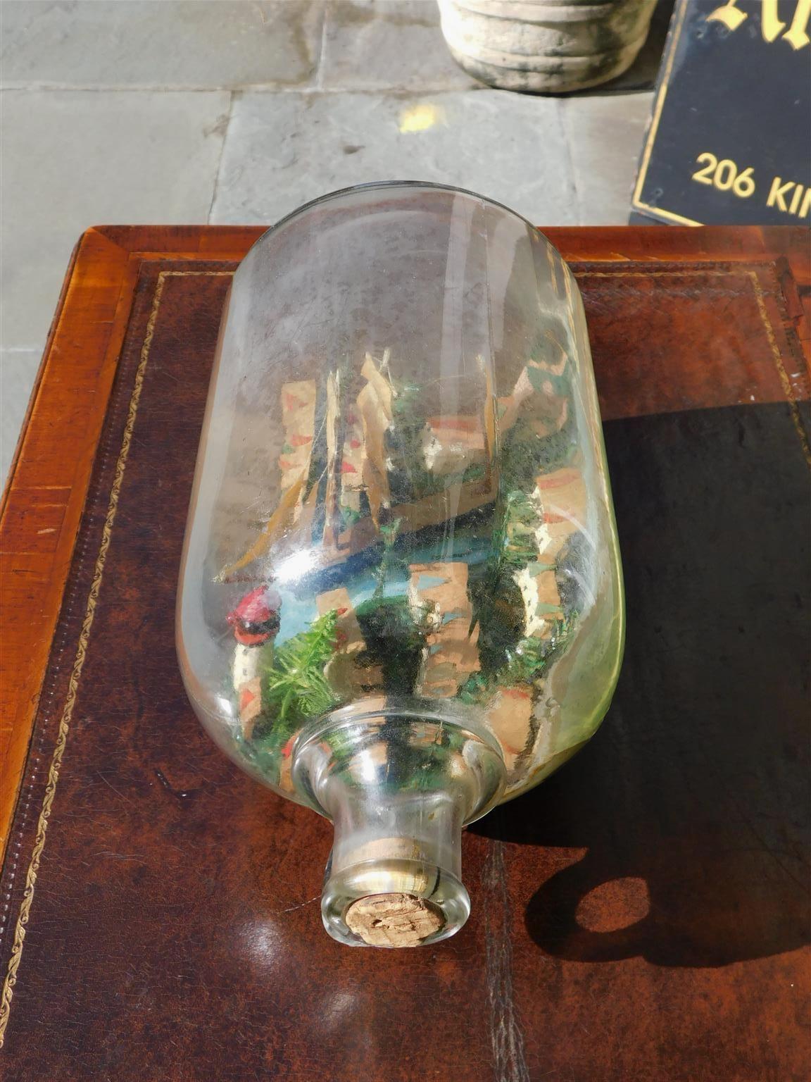 Hand-Carved American Three Masted Clipper Ship in Bottle on Original Wood Stand, Circa 1880 For Sale