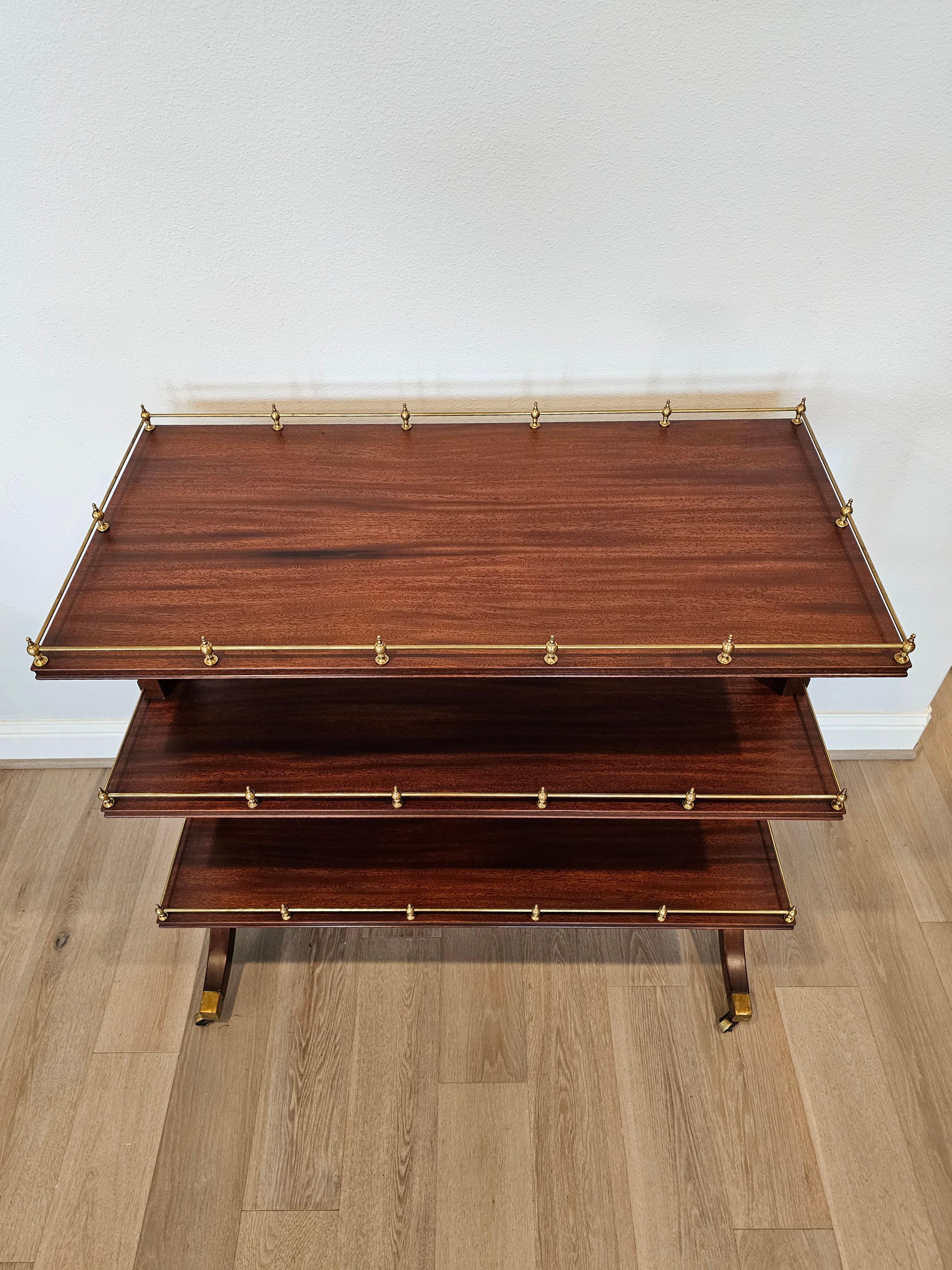 A early 20th century American three-tiered mahogany drinks trolley dessert server signed Marlboro Manor
Fine Furniture by H. Sacks & Sons

Finely hand-crafted in the United States, circa 1920s-1930s, featuring three beautiful richly grained