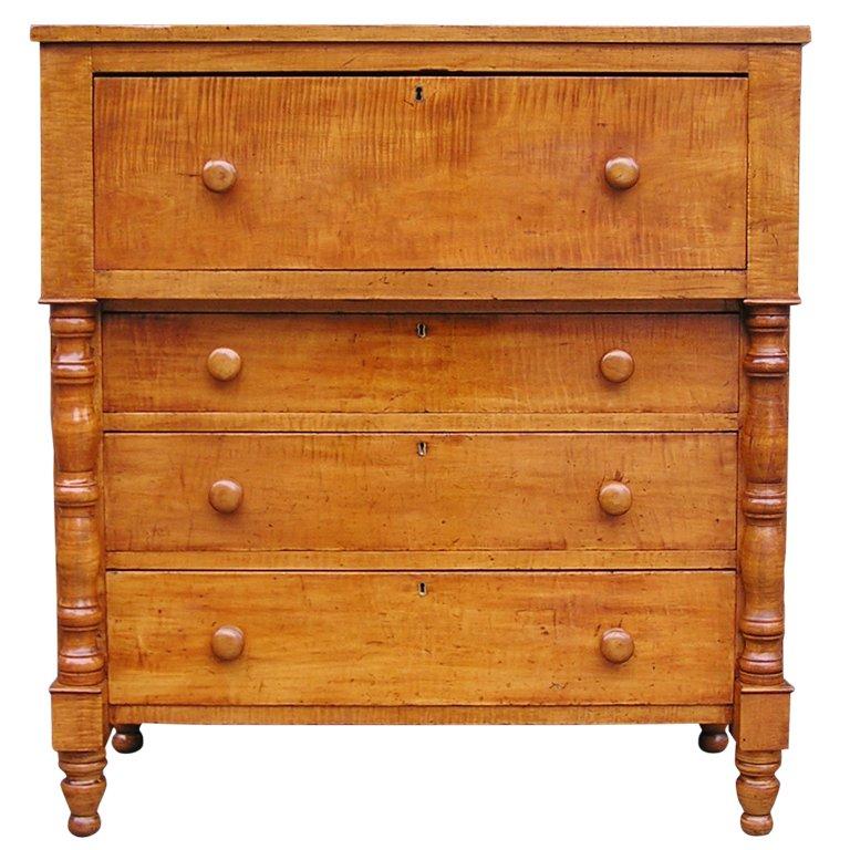 American Tiger Maple and Cherry Fall Front Chest For Sale at 1stDibs