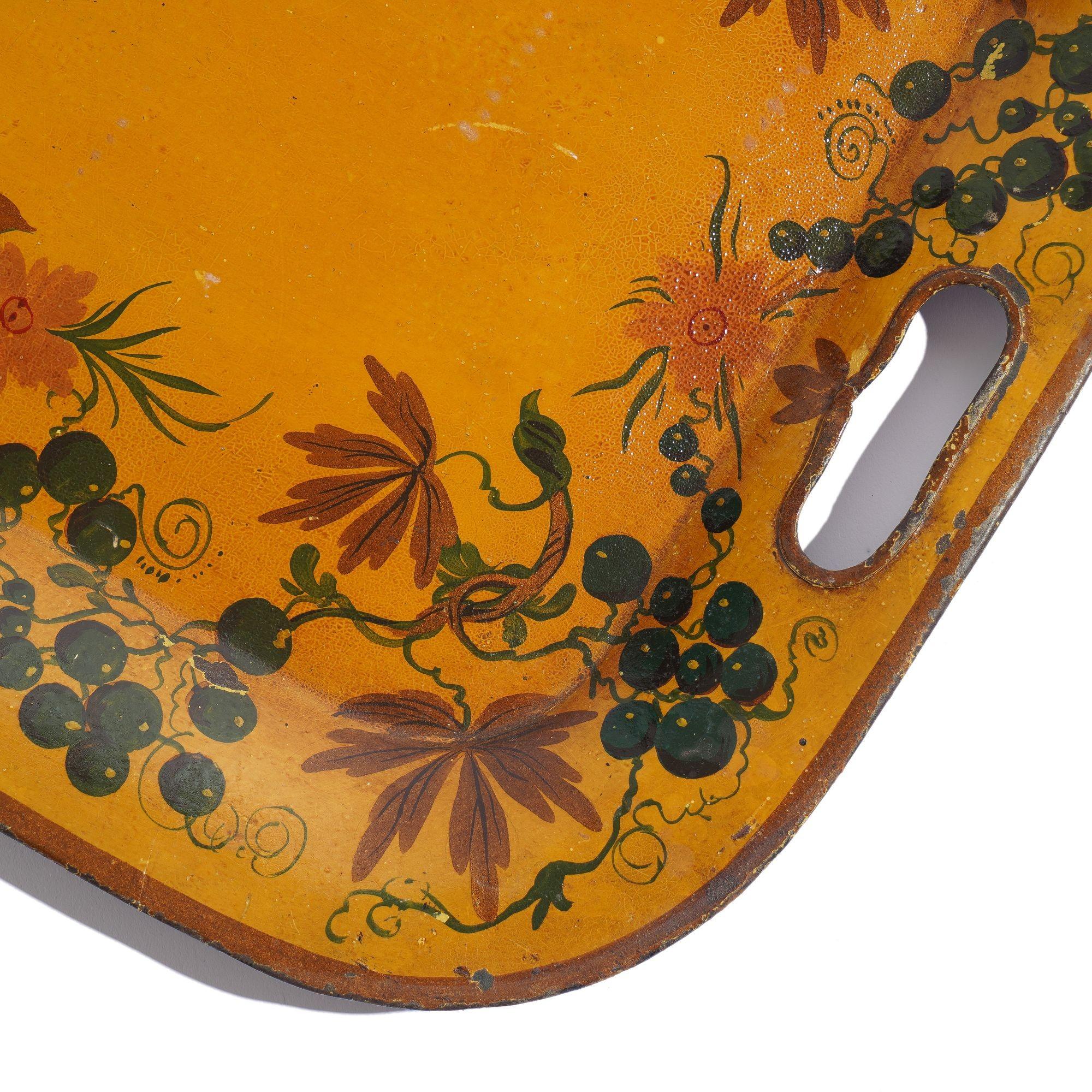 Enamel American tole tea tray with pierced handle grips, 1800’s For Sale