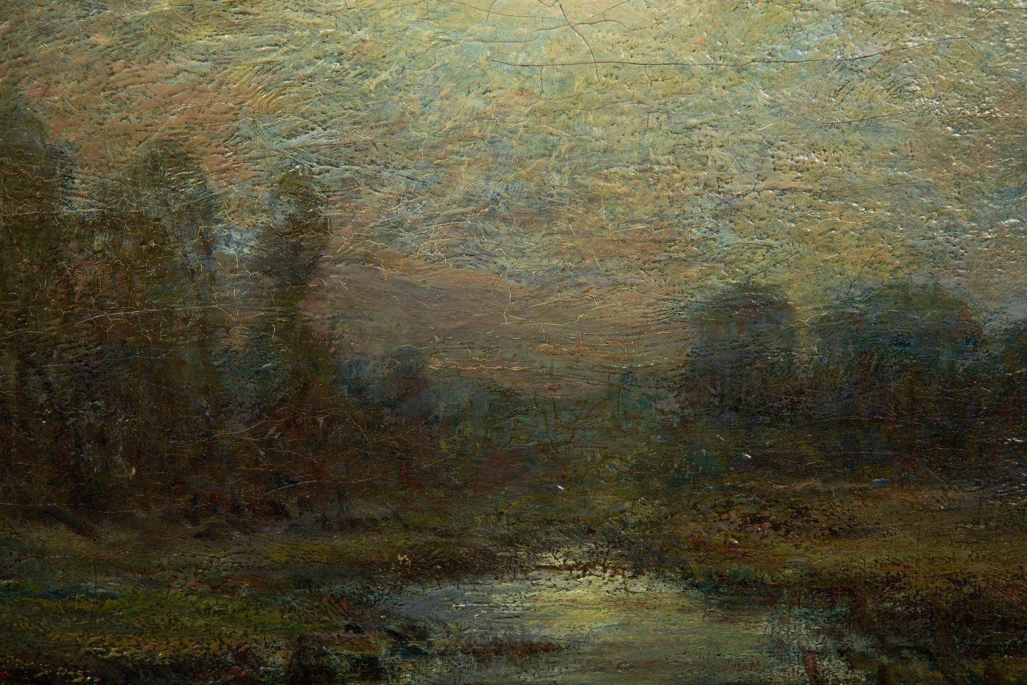 Antikes amerikanisches, tonalistisches Ölgemälde einer mondbeschienenen, dunklen Landschaft im Angebot 4
