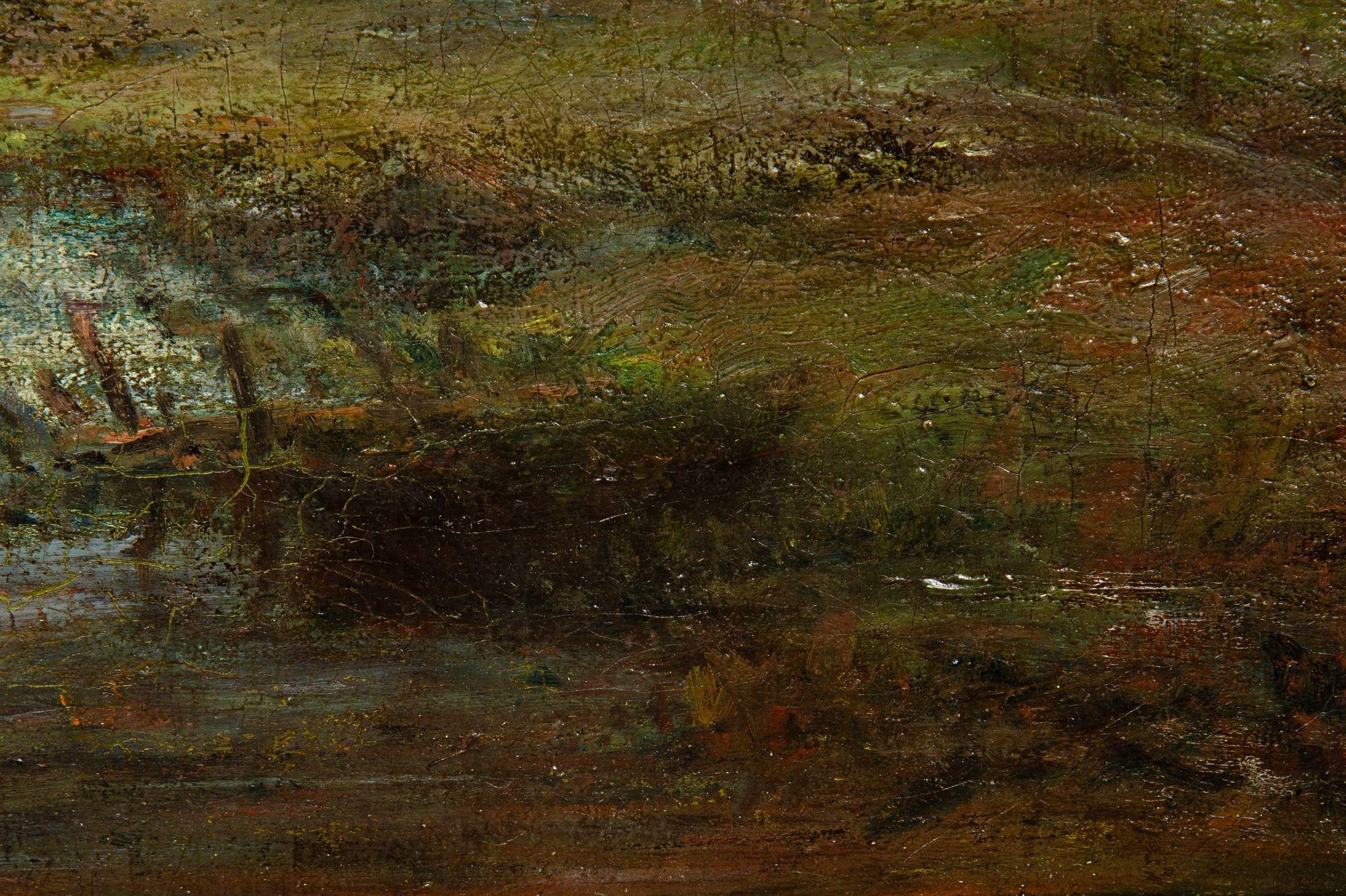 Antikes amerikanisches, tonalistisches Ölgemälde einer mondbeschienenen, dunklen Landschaft im Angebot 6