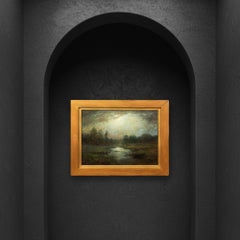 American Tonalist Antique Oil Painting of Moonlit Nocturnal Landscape