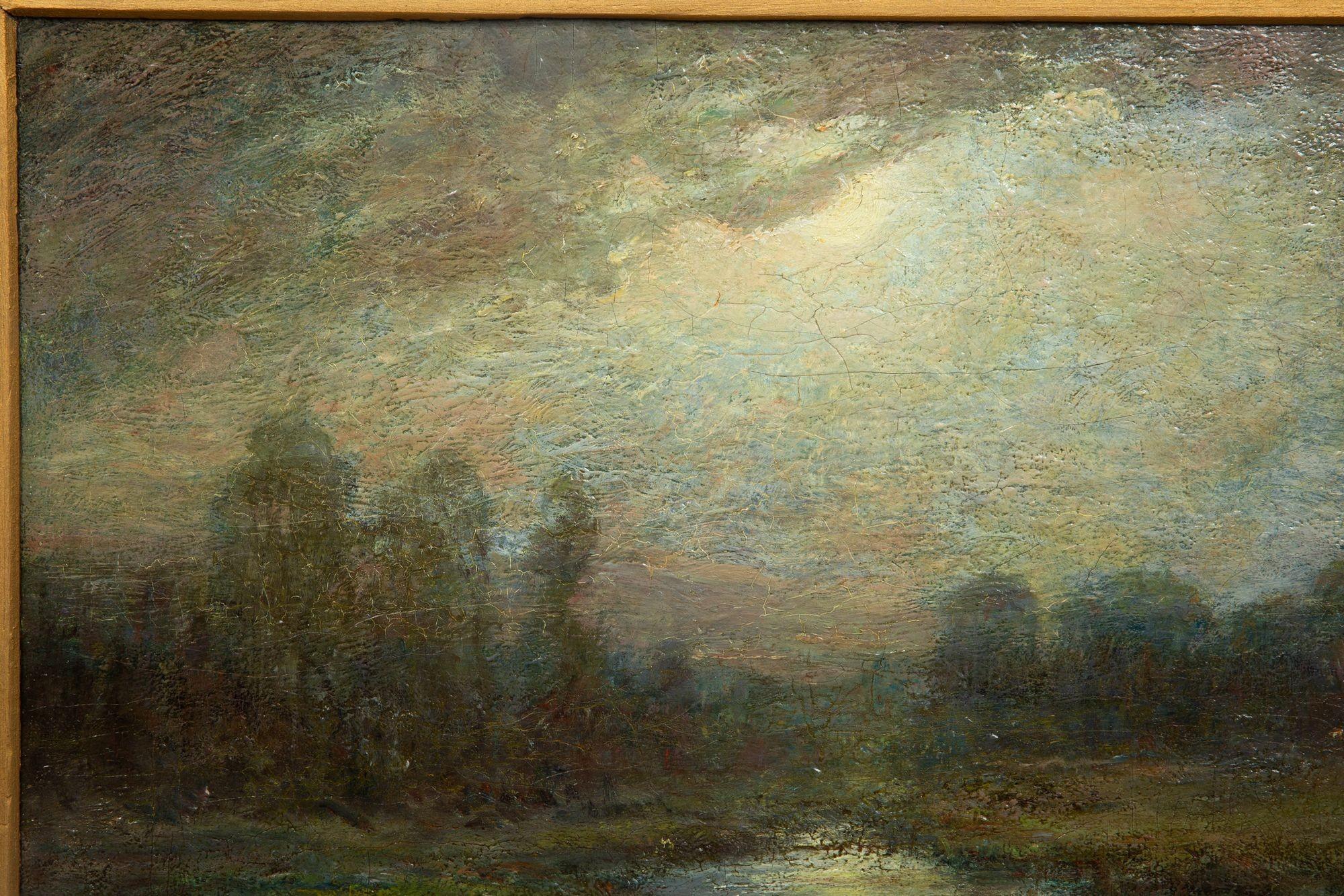 Antikes amerikanisches, tonalistisches Ölgemälde einer mondbeschienenen, dunklen Landschaft (Handbemalt) im Angebot