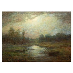 American Tonalist Antique Oil Painting of Moonlit Nocturnal Landscape