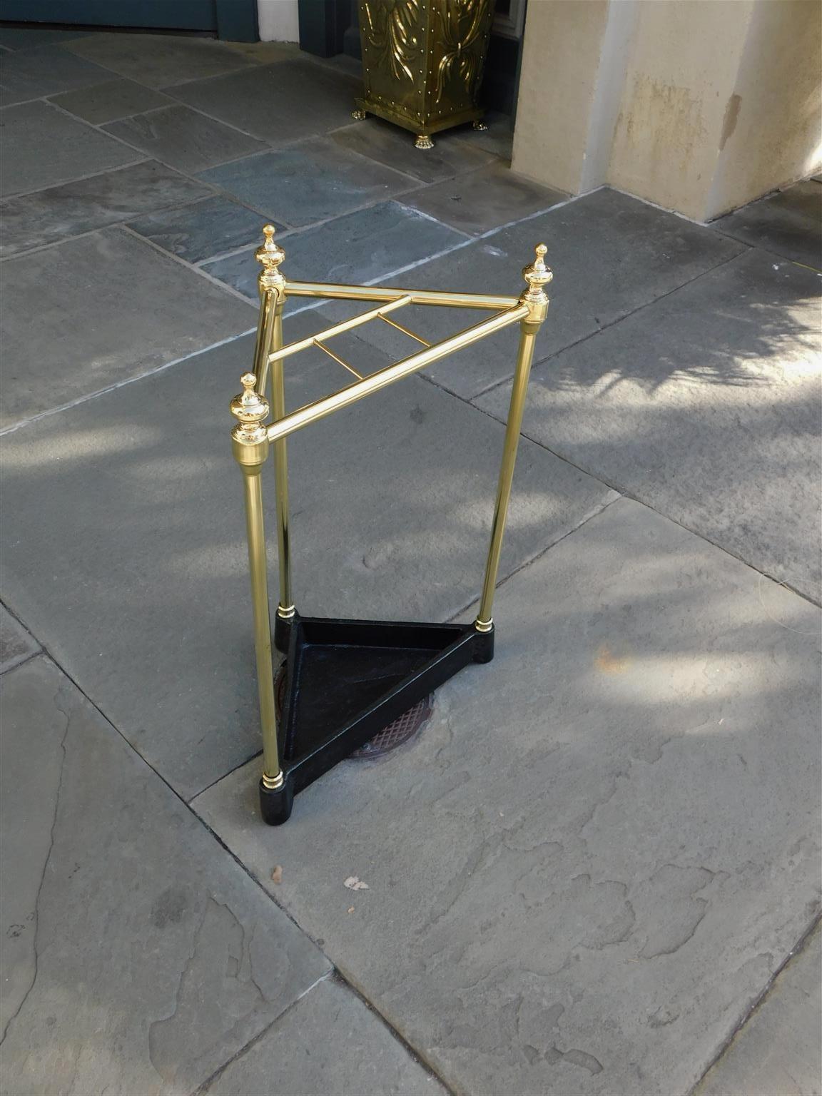 American Empire American Triangular Brass & Iron Urn Finial Four Slotted Umbrella Stand, C. 1880 For Sale