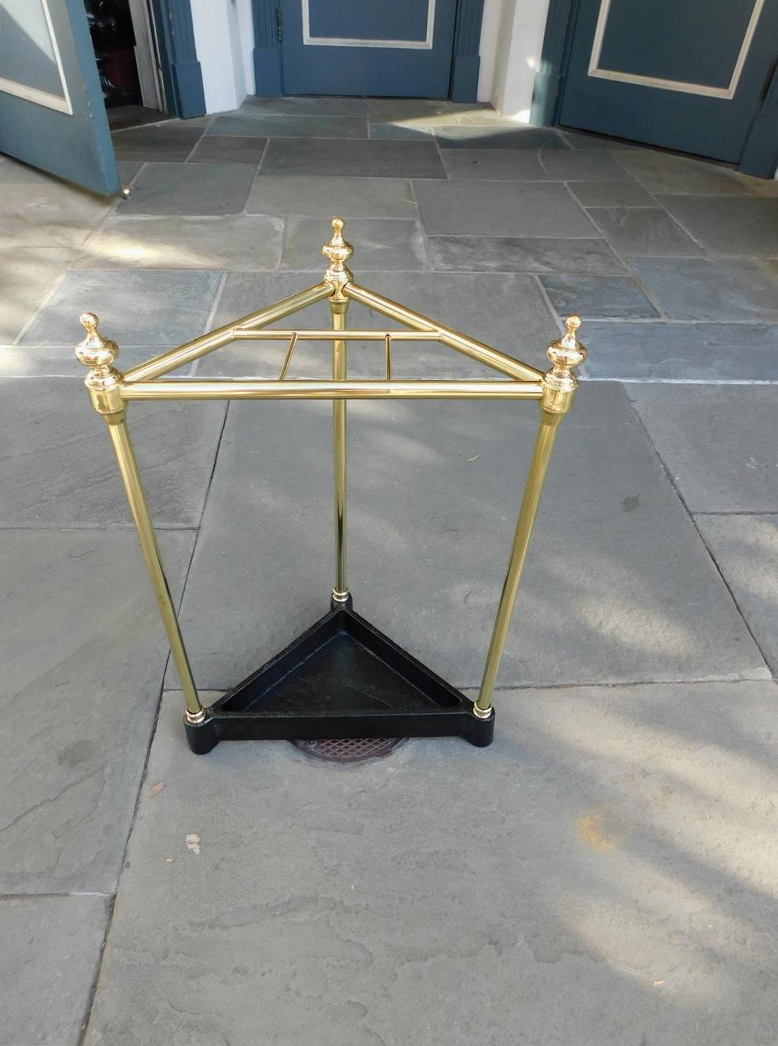 Late 19th Century American Triangular Brass & Iron Urn Finial Four Slotted Umbrella Stand, C. 1880 For Sale