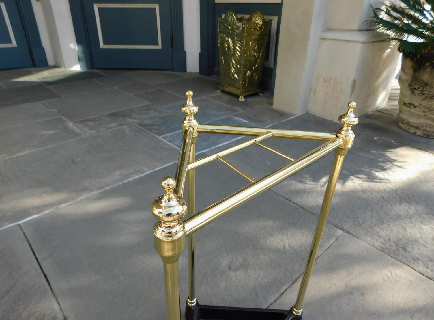 American Triangular Brass & Iron Urn Finial Four Slotted Umbrella Stand, C. 1880 For Sale 1