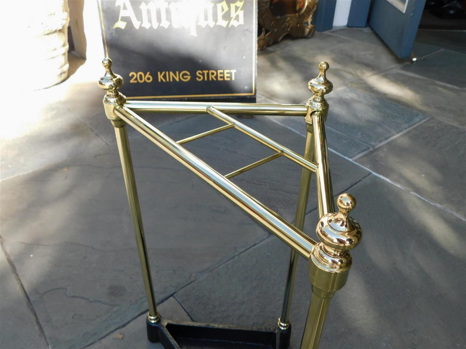 American Triangular Brass & Iron Urn Finial Four Slotted Umbrella Stand, C. 1880 For Sale 2