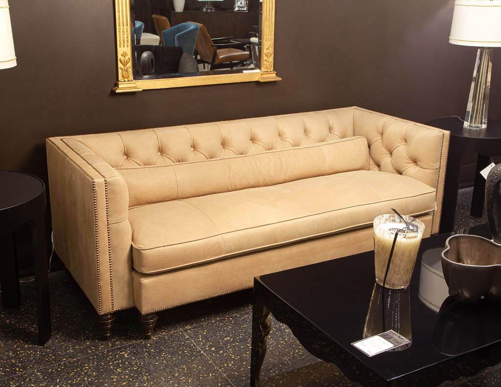 American Tufted Tan Leather Sofa For Sale 9
