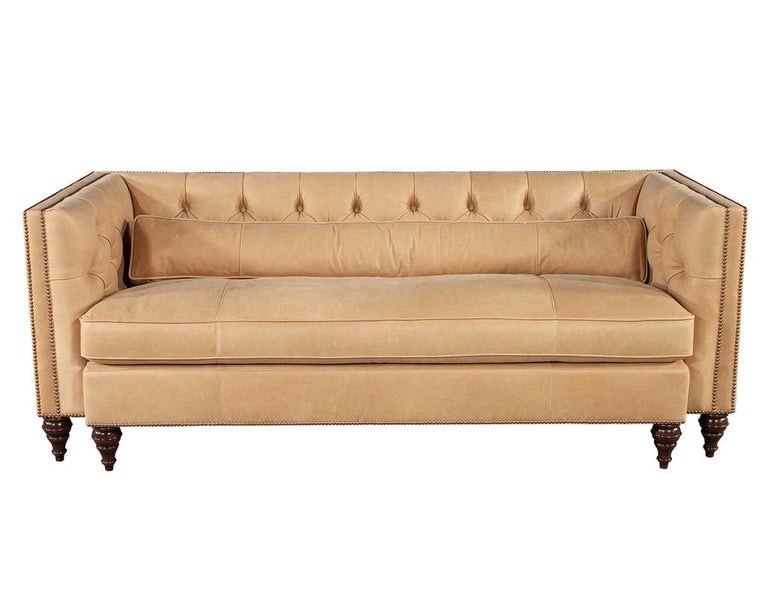 American Tufted Tan Leather Sofa For Sale at 1stDibs